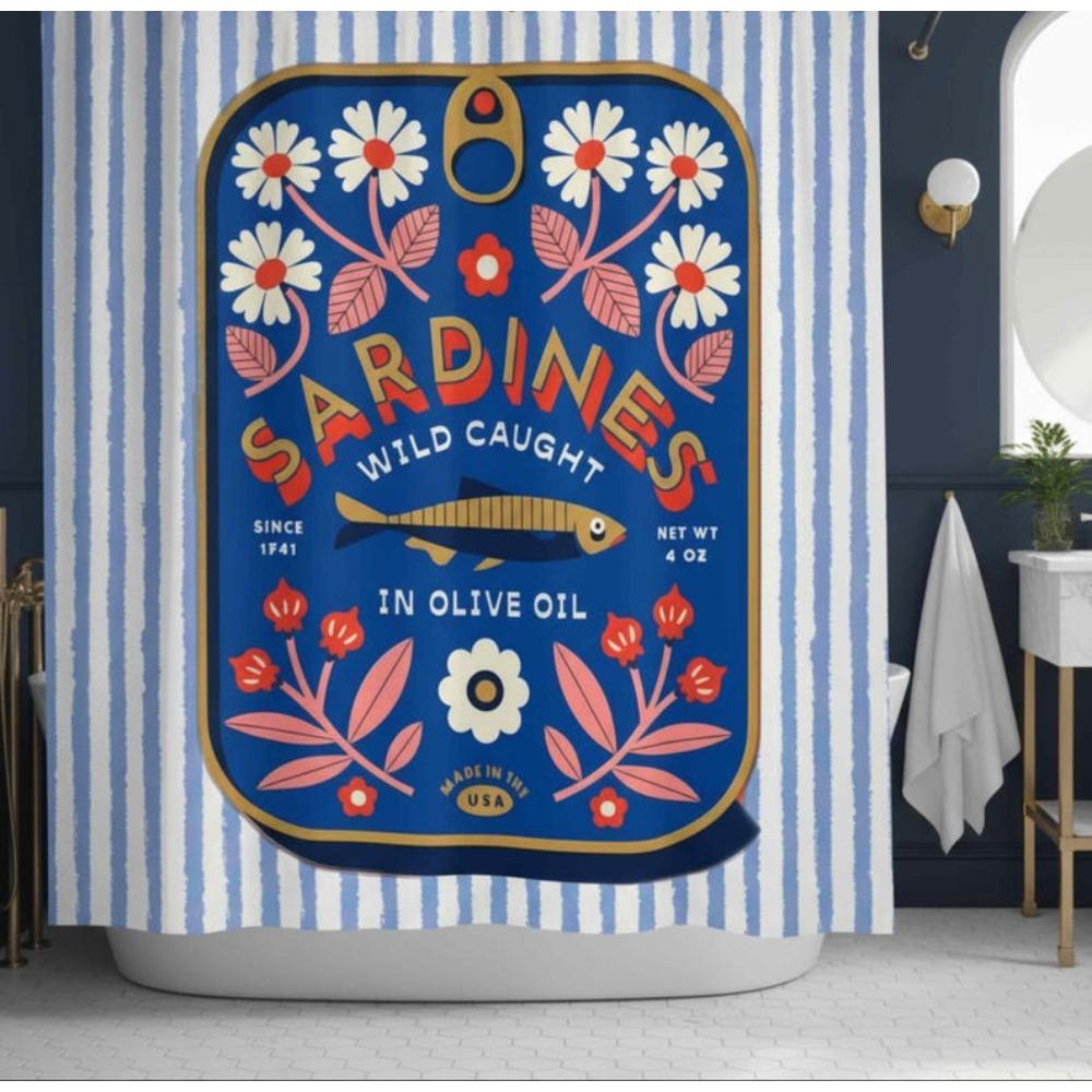Tinned Fish Shower Curtain Sardine Bathroom Decor Bold Colorful Nautical Theme Coastal Ocean Lover Gift Funky Retro Sea Life Bath Decor