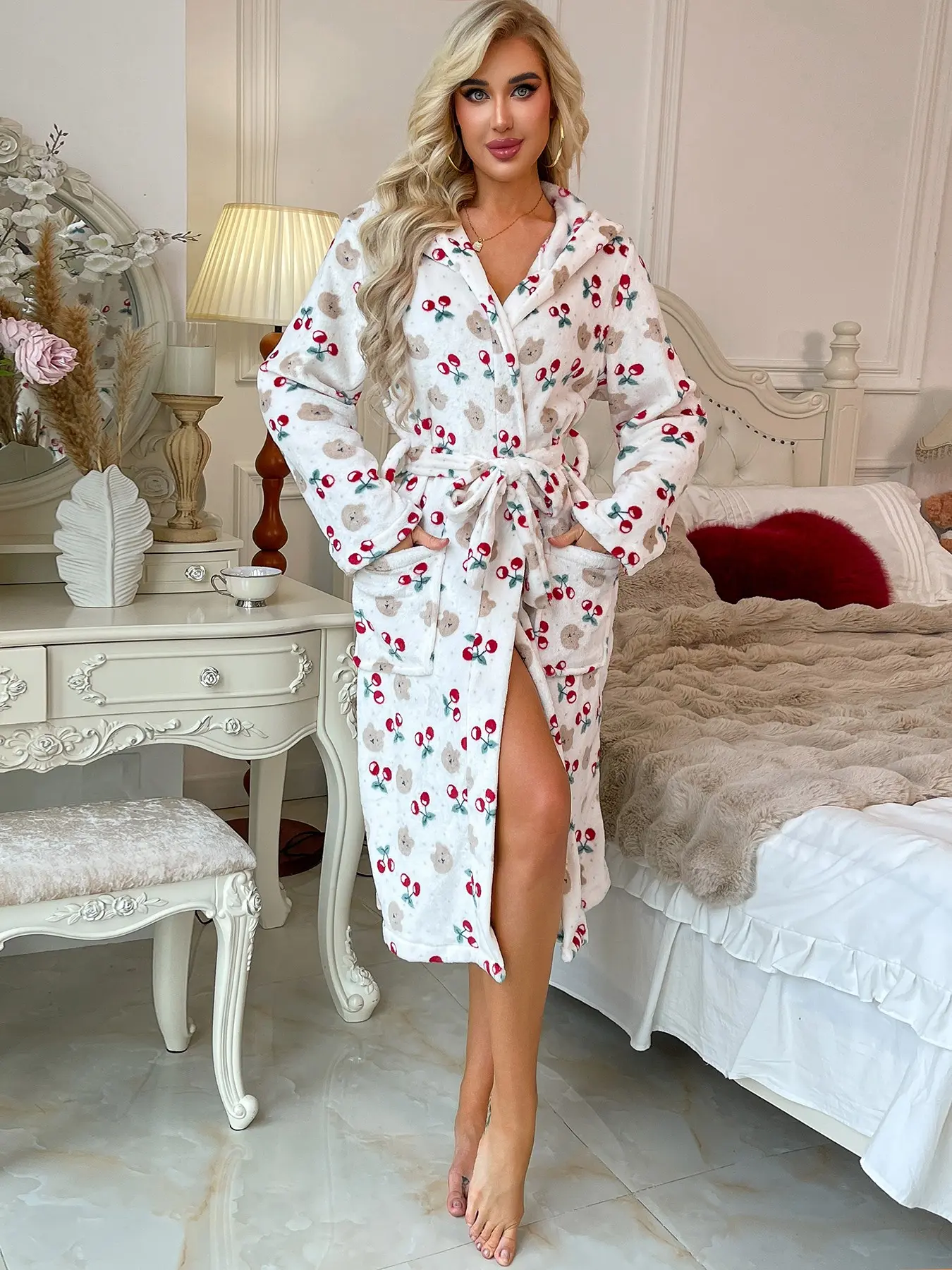 Women's Hooded Long Robe, white base with cartoon bear & red cherry print, cute sweet cozy vibe. Thick soft fleece fabric, matching waist tie, two side pockets, warm fall winter loungewear, comfy elegant robe for bedtime, home and vacation wear, Nightwear