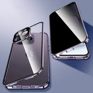 Privacy Magnetic Double Sided Snap Lock Glass Case For iPhone 17 16 15 14 Pro 11 12 13 Pro Max Mini Plus Lens Protection Phone Cover