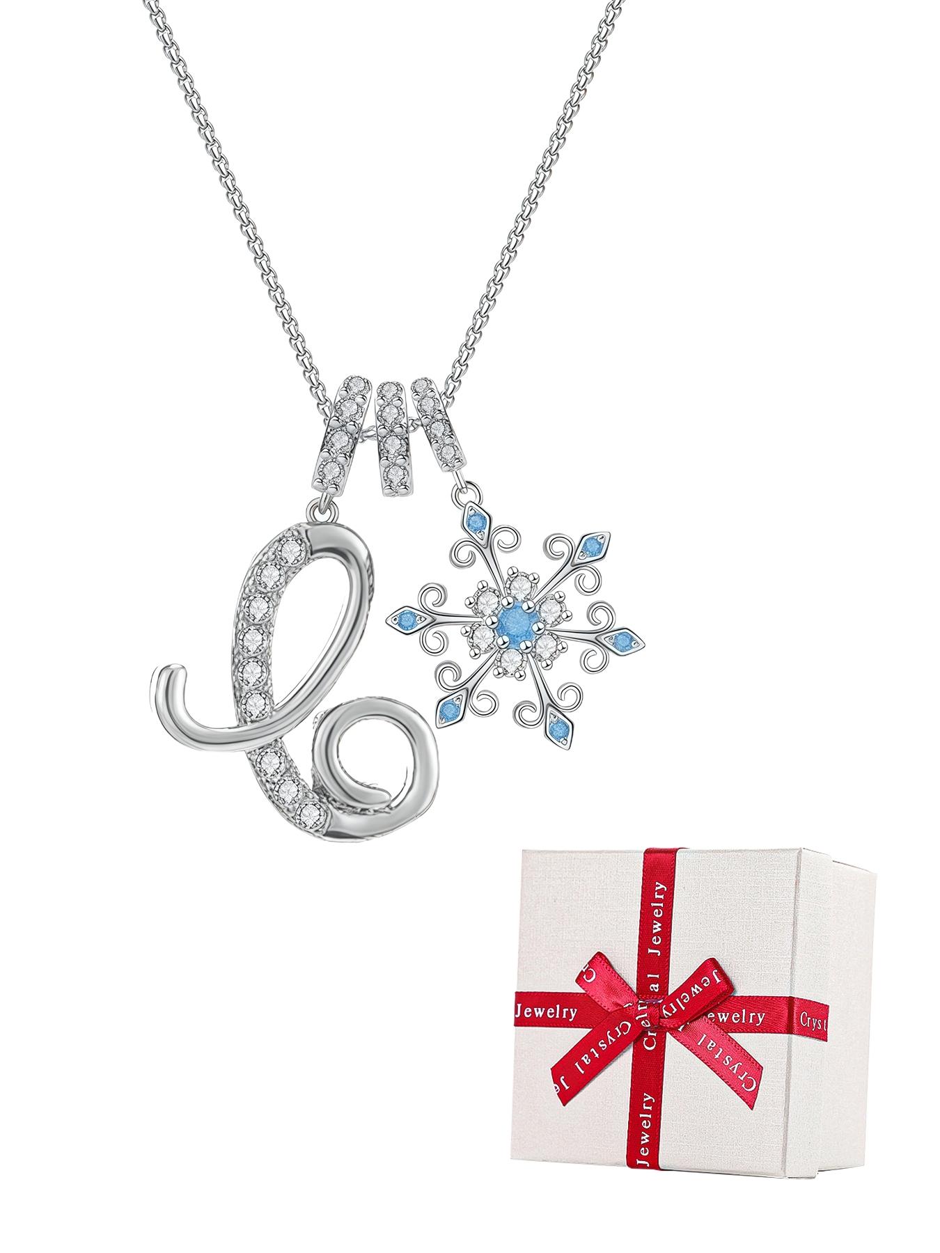 Snowflake Initial Necklace with Blue Rose Jewelry Box, Included Jewelry Box, Letter Pendant for Women, Birthday Christmas Gift for Wife Mom Girlfriend Daughter