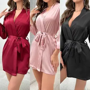 Women's Ice Silk Bathrobe - Stylish, Elegant Tie-Waist Adjustable-Fit Loungewear, All-Season Bridal Morning Gown for Outdoor Leisure Use, Style, Elegance
