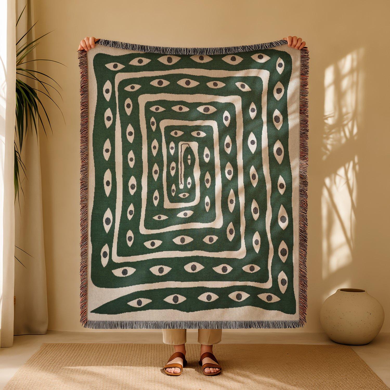 Multi-Function Tassel Woven Blanket -Green Snake Pattern Bed Blanket, Also for Sofa Cover Couch Throw Blanket Armchair Home Decor Room Wall Art Tapestry Furniture Slipcover Tablecloth Shawl Outdoor Picnic Camping Beach Towel Office Nap Hippie