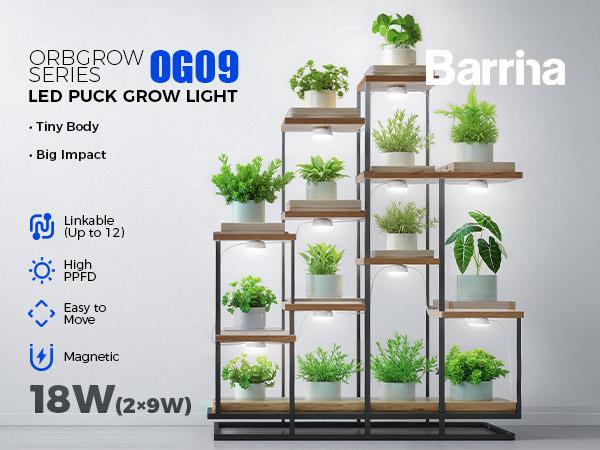Barrina Orbgrow OG09 Puck Grow Light with Smart Timer & 5 Level Dimmable, 5000K 18W(2 x 9W), Full Spectrum, Magnetic & Linkable, 2 Packs