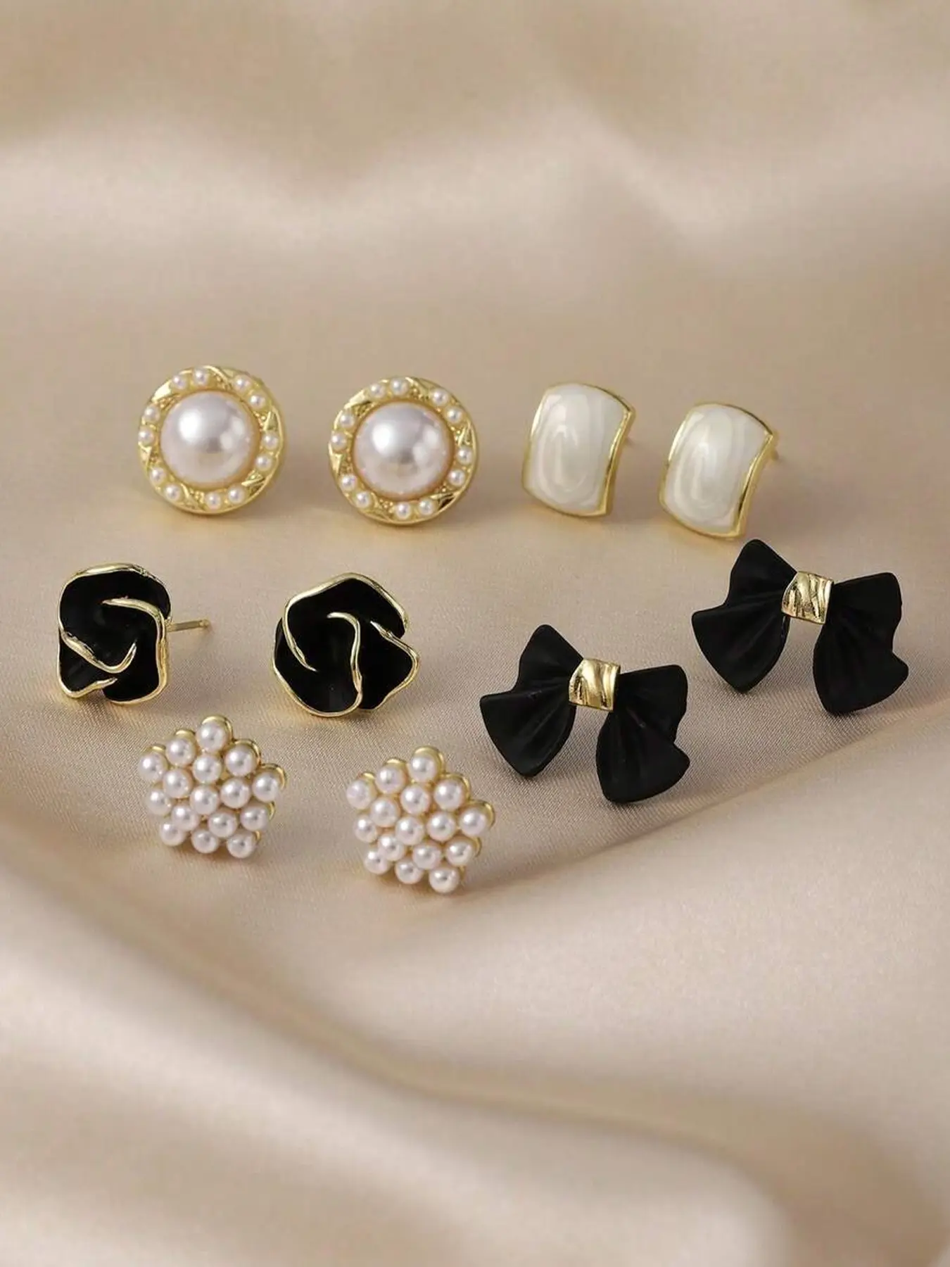 5 Pairs Vintage Unique Black Camellia Flower Bow Star Shape Faux Pearl Geometric Stud Earrings Set, Ear Studs, Minimalist Elegant Quality Fashion Earrings Jewelry Suitable For Women Everyday And Holiday Wear, Stud Earring Sets