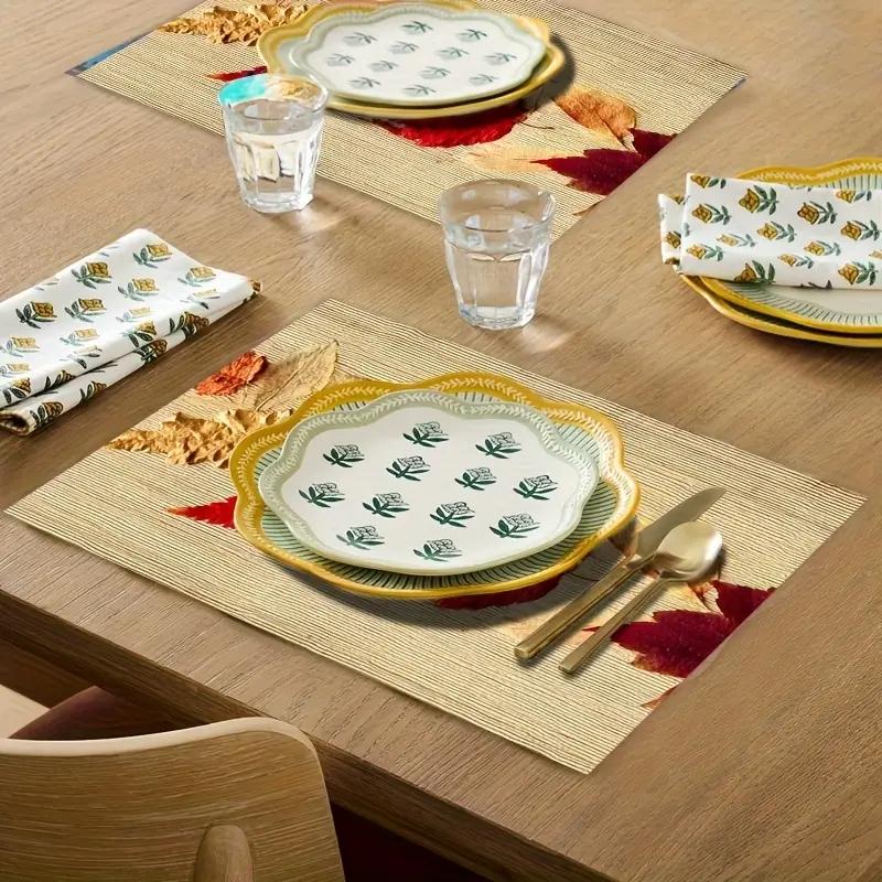5/7 Piece Rectangular Table Runner Set + Placemats, Vibrant Maple Leaf Design, Ideal for Seasonal Celebrations, Indoor Outdoor Dining Decor