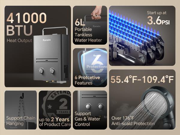 Ranein Compact Foldable Gas-Powered Instant Heat Tankless Water Heater, 6L 1.58 GPM Multi-Modes Portable Propane Unit for Outdoor Users, Grey RO4KY Ranein Compact Foldable Gas-Powered Instant Heat Tankless Water Heater, 6L 1.58 GPM Multi-Modes Portable Propane Unit for Outdoor Users, Grey RO4KY