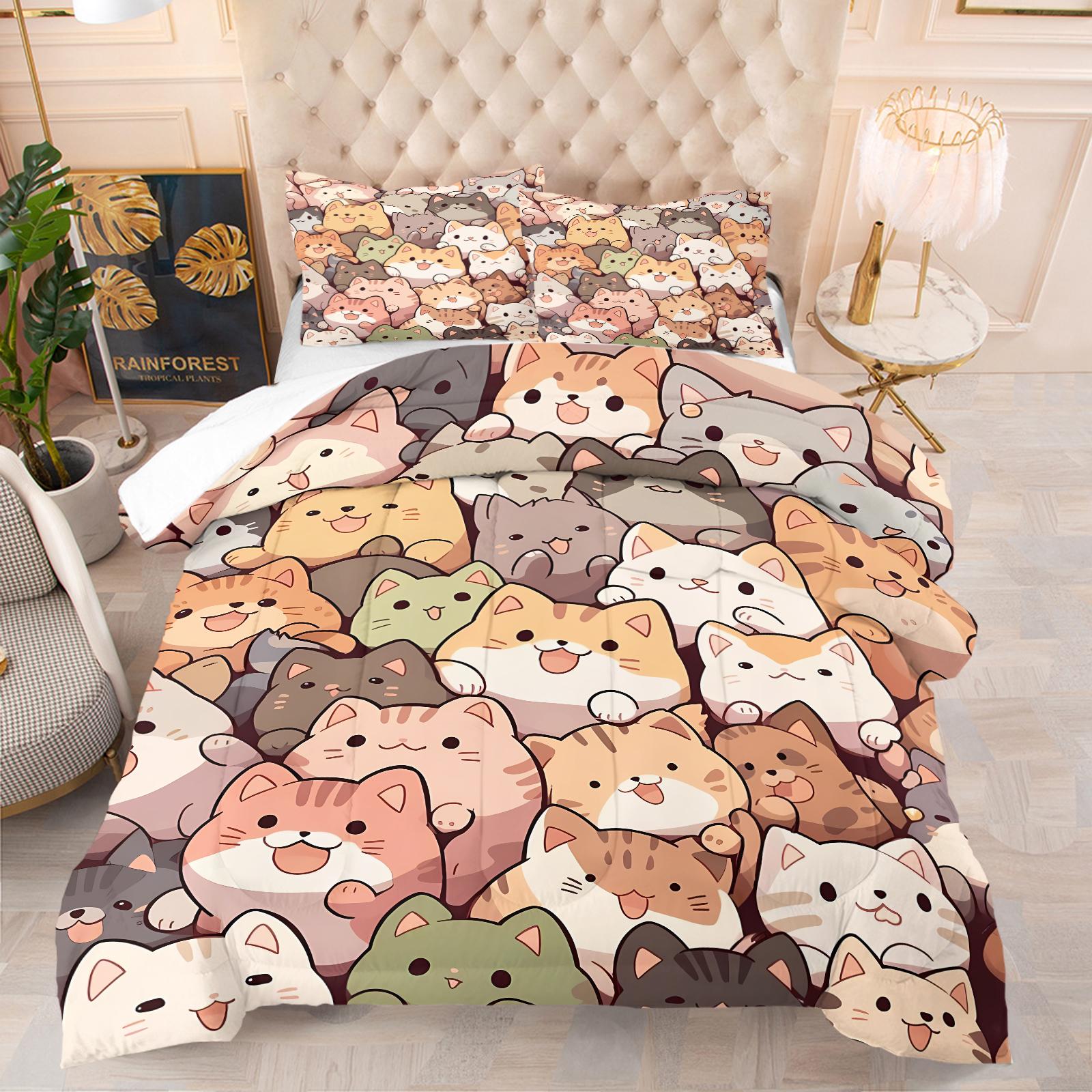 Happy Healing Cat Series Pattern Quilt, Includes 1 Quilt and 1/2 Pillowcases, Soft Comfortable Home Bedding, Perfect for Dorm or Bedroom Decor