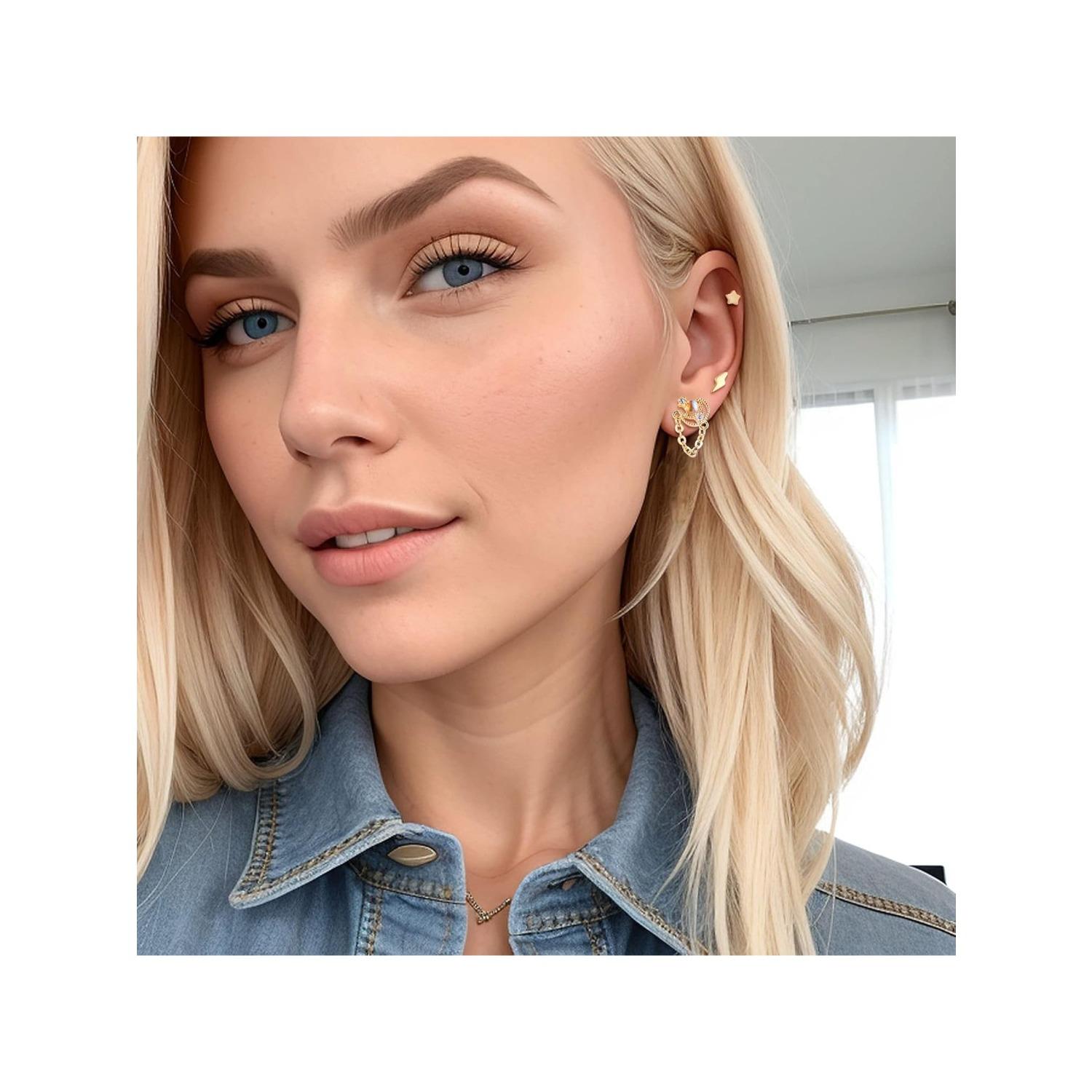 16 PCS Cartilage Flat Back Stud Earrings for Women Trendy Stud Earrings Set for Multiple Piercing Surgical Steel FlatBack Earrings for Women 20G