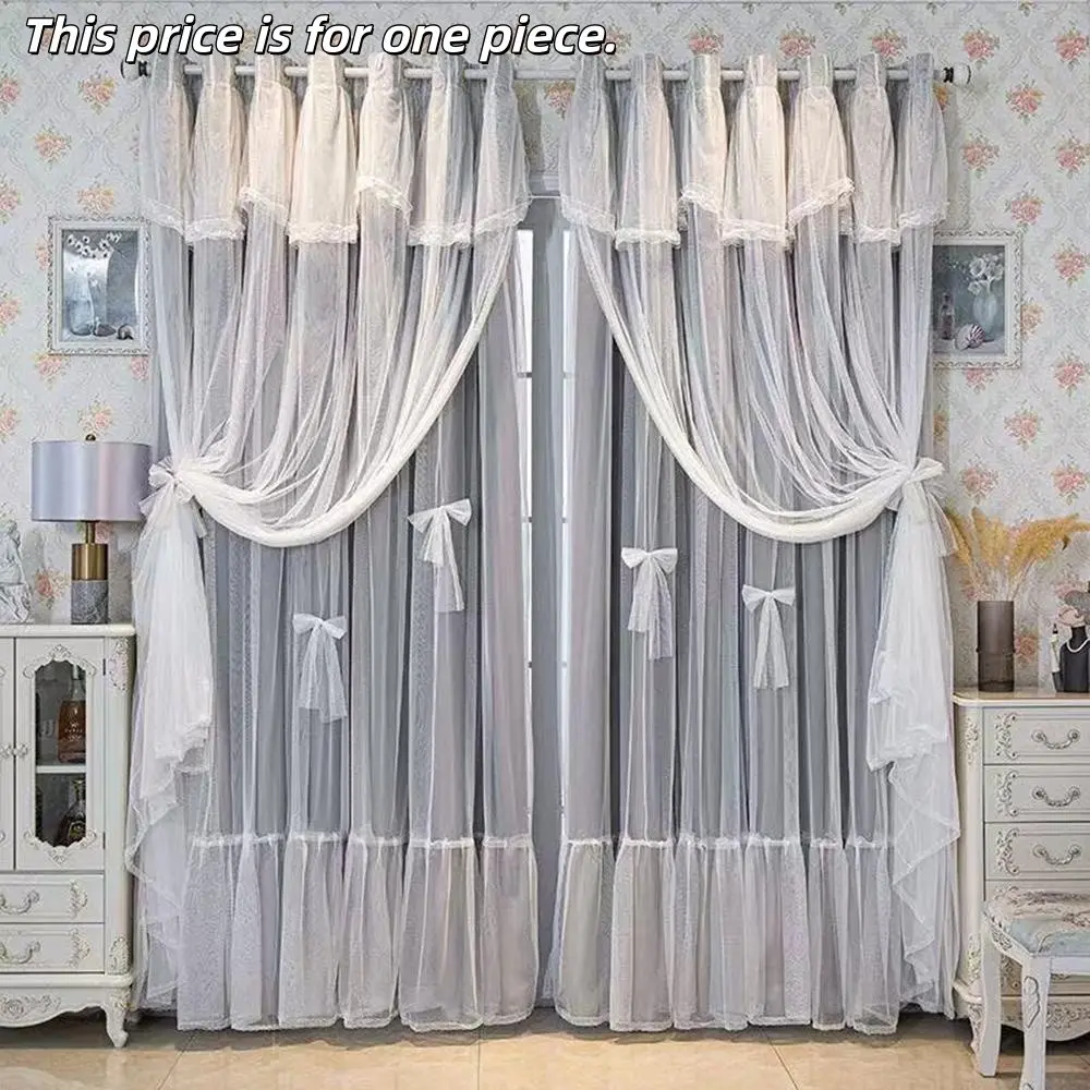 1pc Korean Cream Double Layer Sheer Home Decorative Curtain with Wave Design, Princess Bedroom Lace Drapes for Light Blocking & Living Room Decor, Bedroom Curtains Arch, Window Curtain, Home Decoration Curtain