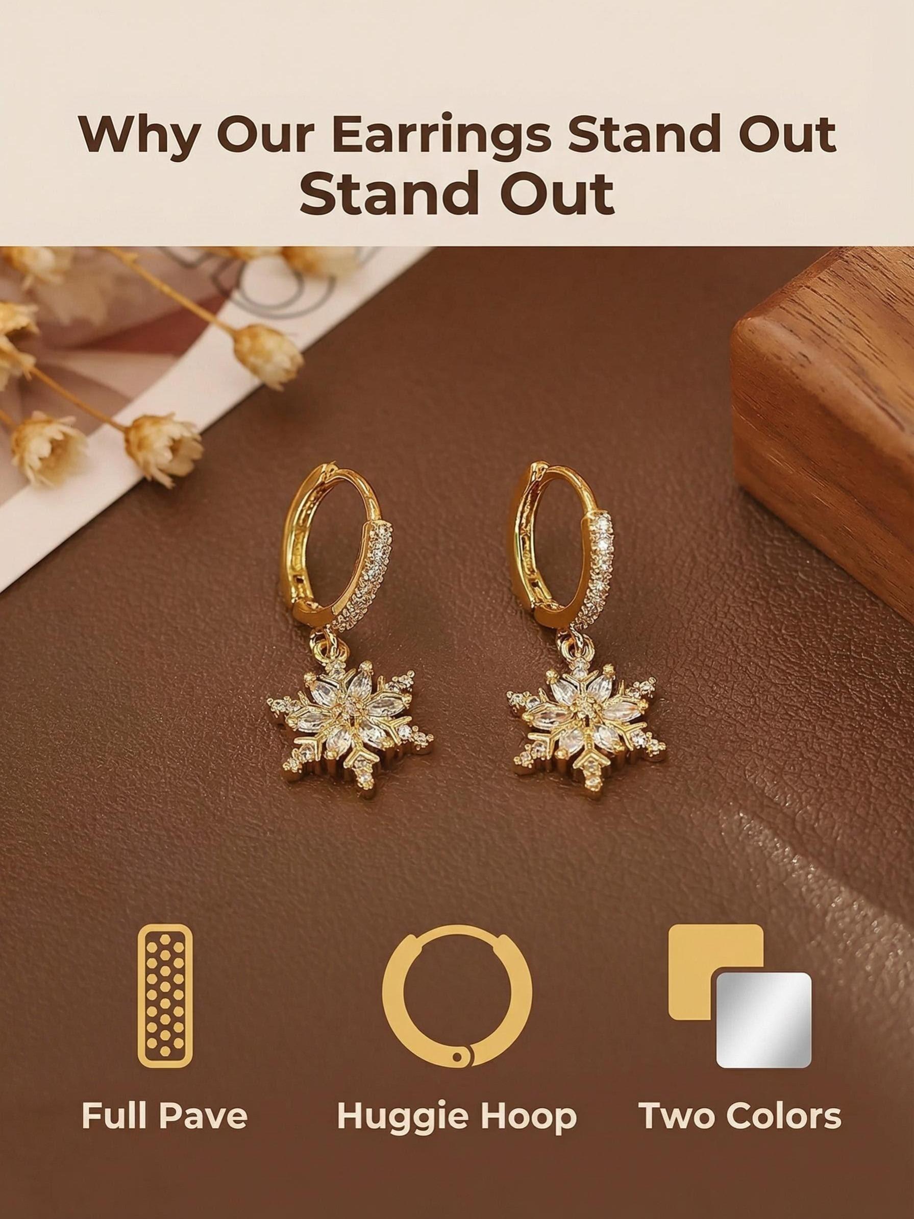 Elegant Rhinestone Snowflake Earrings, Luxurious Zircon Ear Studs, Plated, European and American Style Jewelry