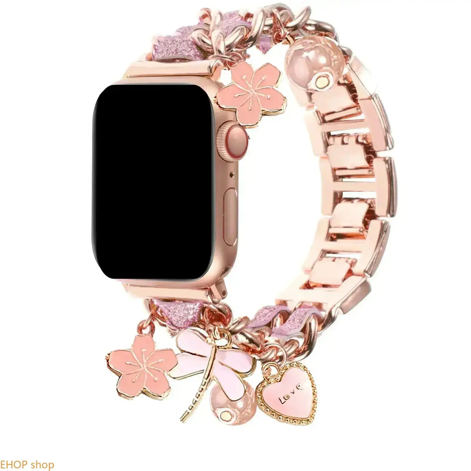 Cute Cuban Chain Watch Band with Heart & Key Charms, Trendy Metal Jewelry Wristband for Women, Compatible with Apple Watch Multiple Sizes and Series Models