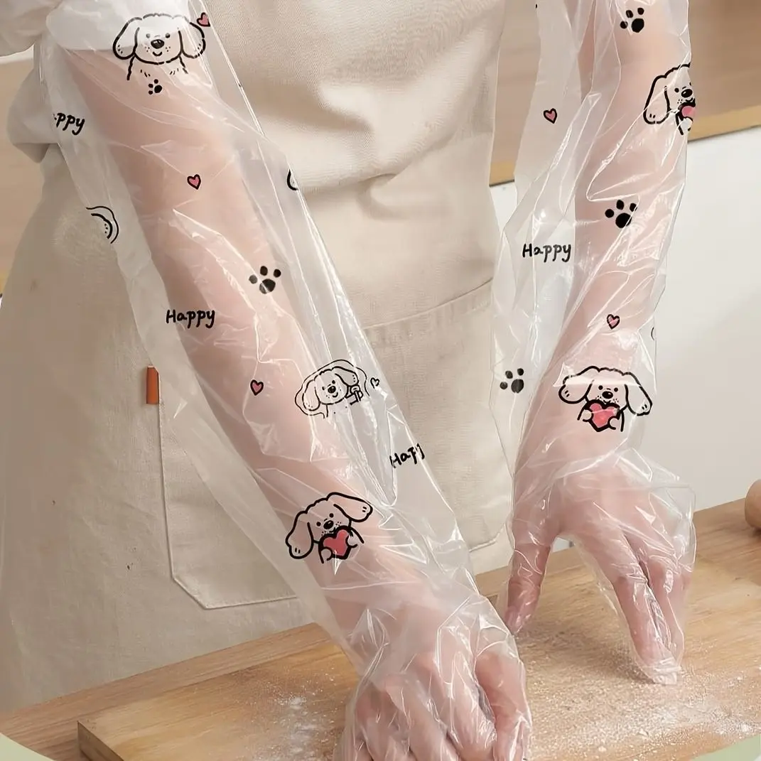 Cartoon Print Gloves, Extended Thick Long Arm Disposable Gloves, Cute Puppy Pattern, Essential Kitchen Gloves, One-Time Use