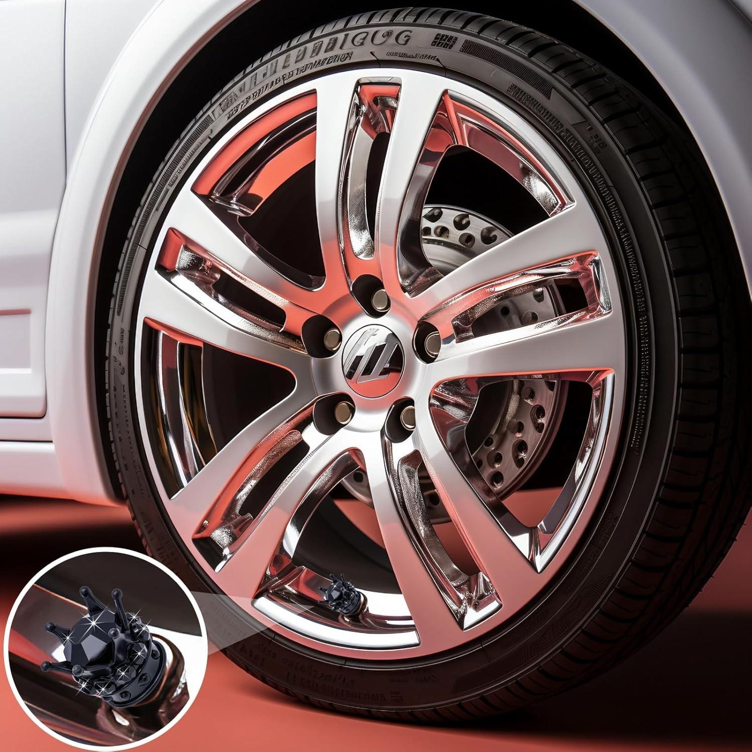 5-Pack Crown Tire Valve Caps, Sparkling Crystal Shape, Universal Chrome, Durable Abs Plastic, Easy Install, Car & Bike Accessories