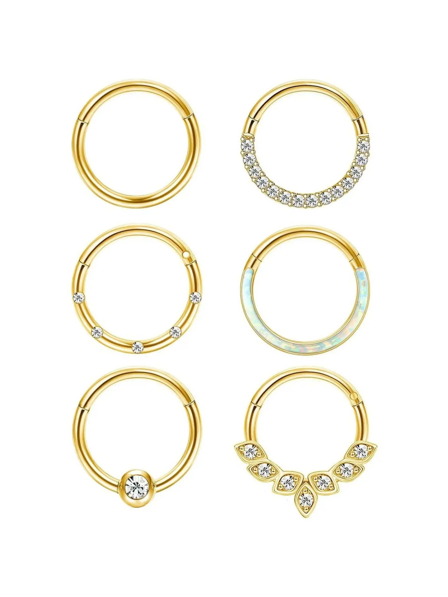 6Pcs 16G Septum Rings Surgical Steel Nose Rings Hoop for Women Opal CZ Daith Cartilage Hoop Earring Clicker Septum Jewelry Hinged Hoop Nose Ring Lip Helix Rook Tragus Piercing Jewelry Cubic Zirconia Body Jewelry