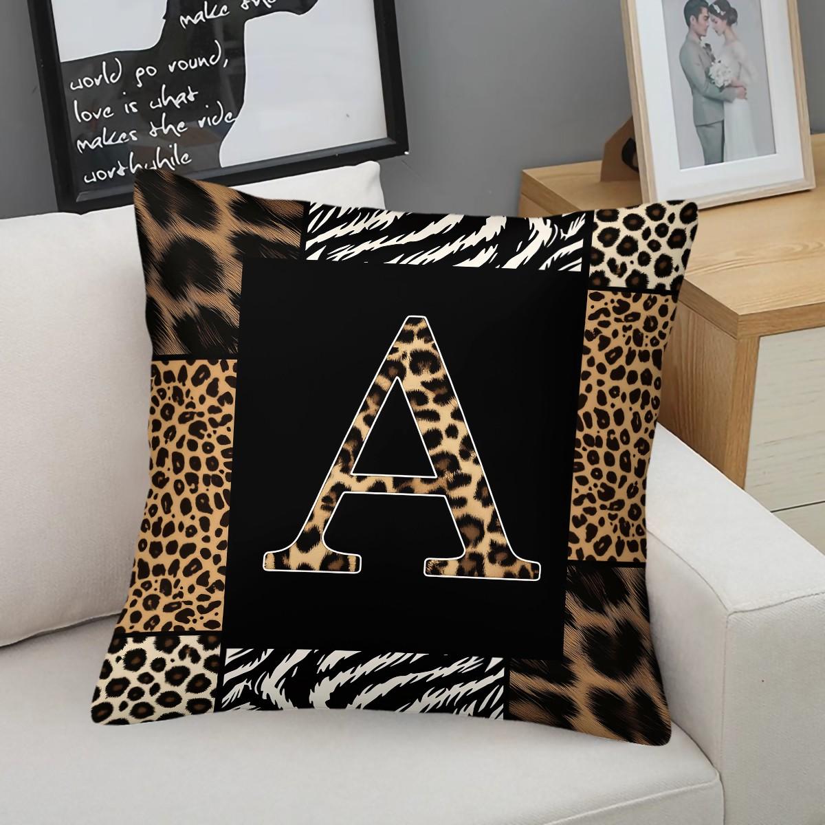 Animal Print Monogram Throw Pillow, Leopard Zebra Tiger Initial Pillow with Insert, for Sofa Living Room, Home Decor Gift for Animal Lovers