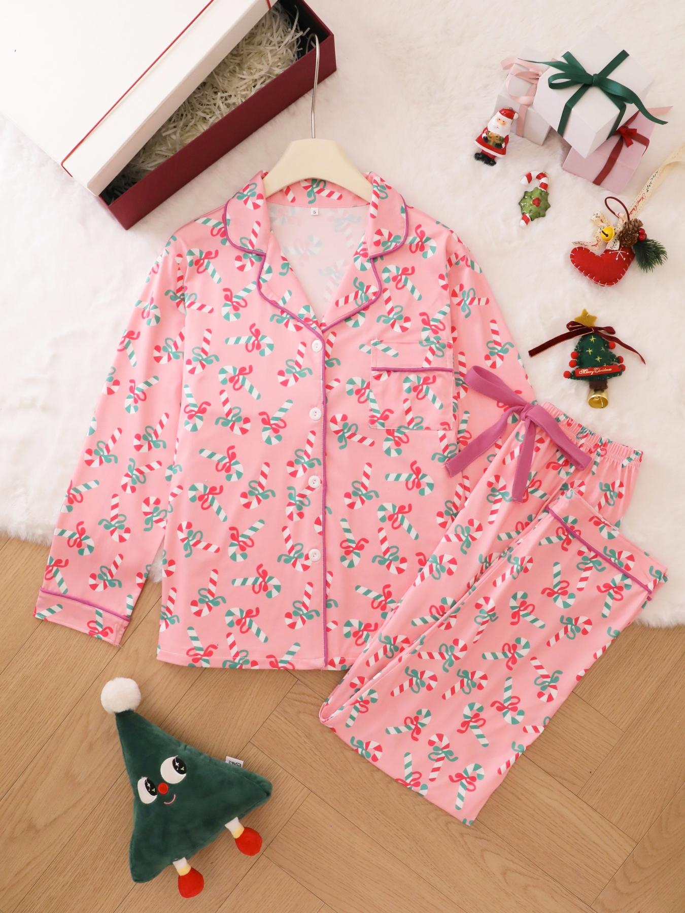 2-piece Pajama Set Butterfly Knot Candy Cane Halloween Soft and Comfortable Top Small Pocket Butterfly Knot Tightening with Elastic Pants Belt Suitable for Four Seasons Home Regular Wear Holiday Pajama Clothing