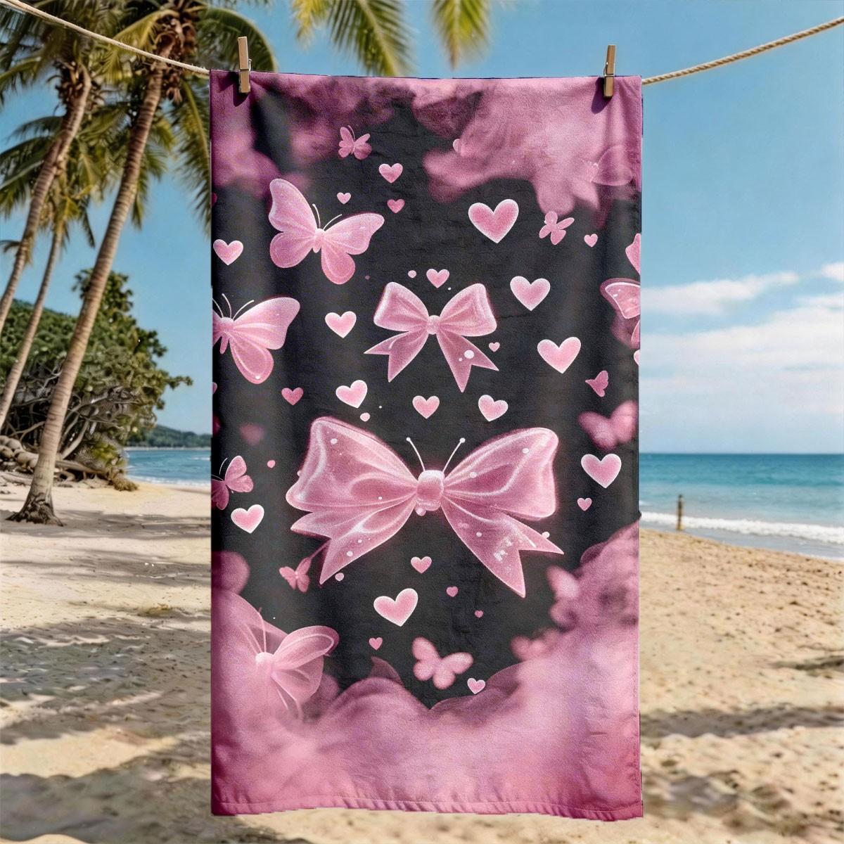 A Black Pink Gradient Bow Butterfly Heart All-over Printed Beach Towel - Oversized, Skin-friendly, Absorbent and Quick-drying, Perfect for Beach and Pool Leisure, Ideal for Summer Trips - Suitable for Seaside Vacations, Pool Parties and Outdoor Picnics