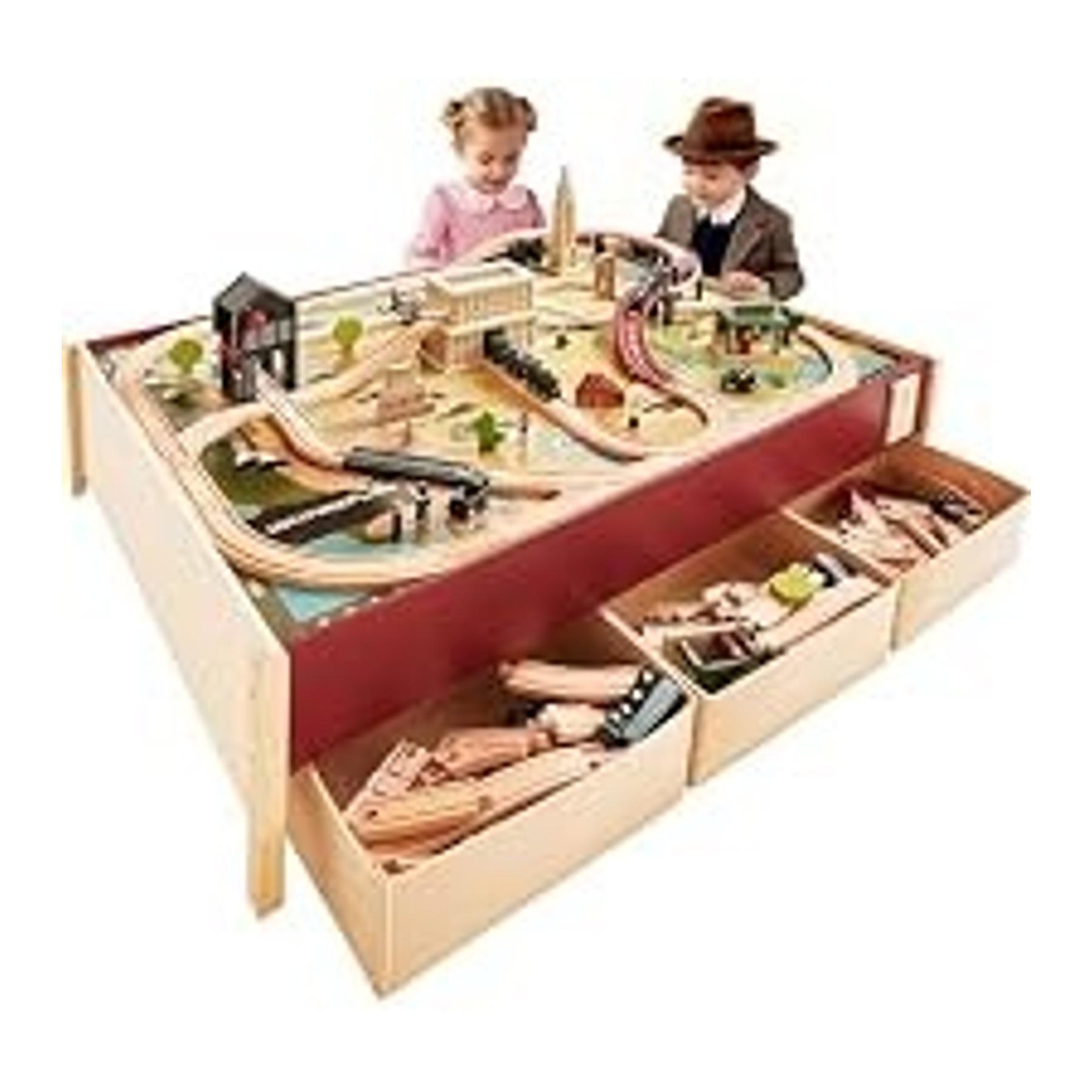 110pcs Wooden Train Set with Folding Storage Box, Wooden Train Track Toy for Kids Ages 3-7, Includes Character Figures for Imaginative Play