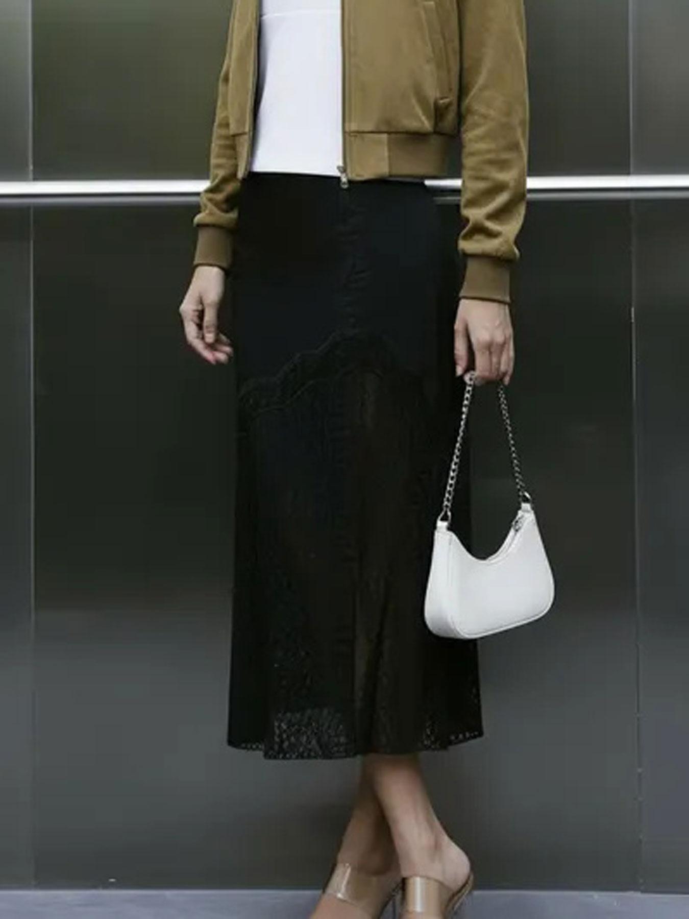 Women's High Waist Satin Lace Long Dress, Asymmetric Decor Y2K Evening Gown, Layered Elegant Fitted Midi Skirt for Spring Summer Fall Winter