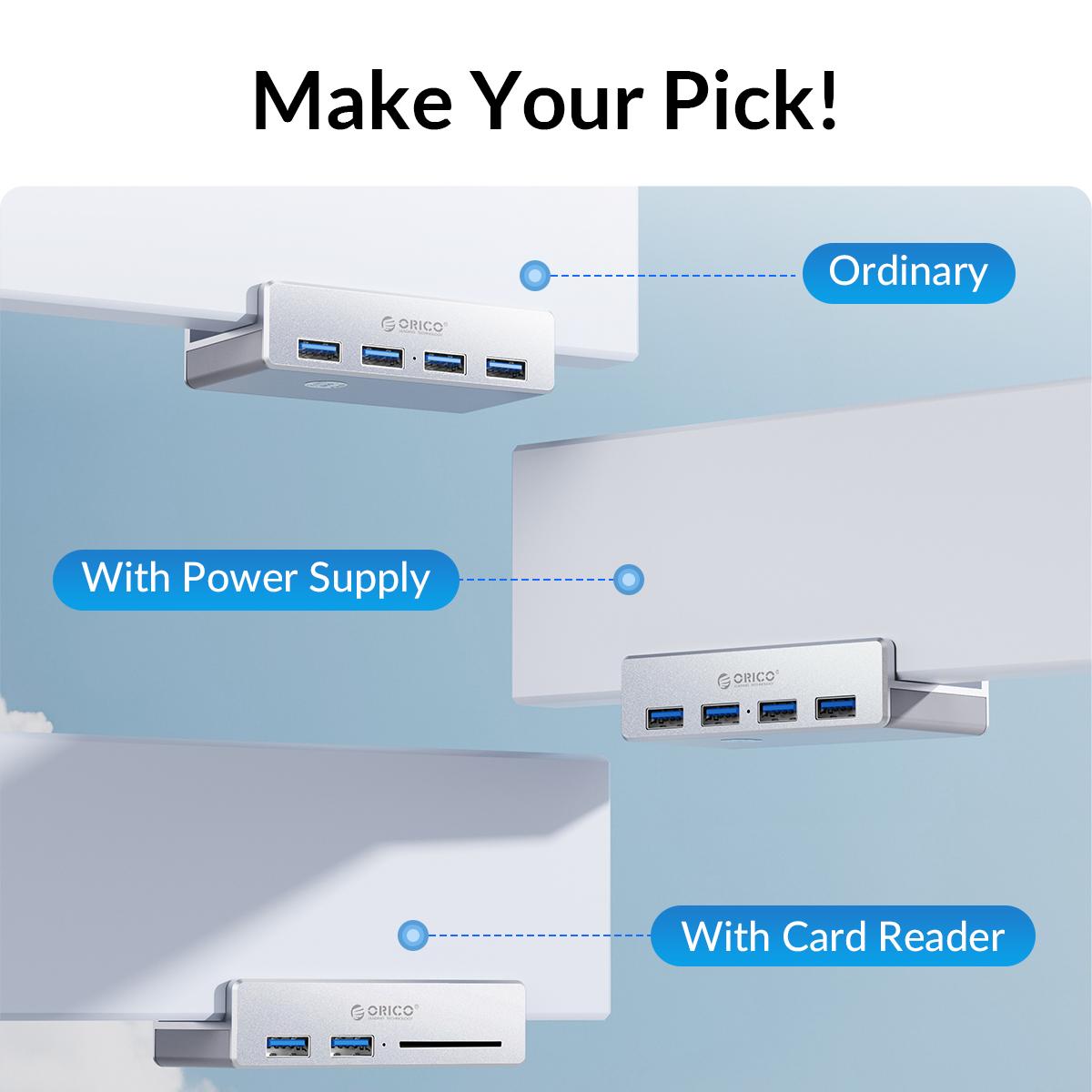 ORICO USB Hub 3.0, Clamp USB Hub with Extra Power Supply Port, Aluminum 4-Port USB Adapter with 3 USB-A Data Ports, USB-C Port for Monitors, Desks-MH4P