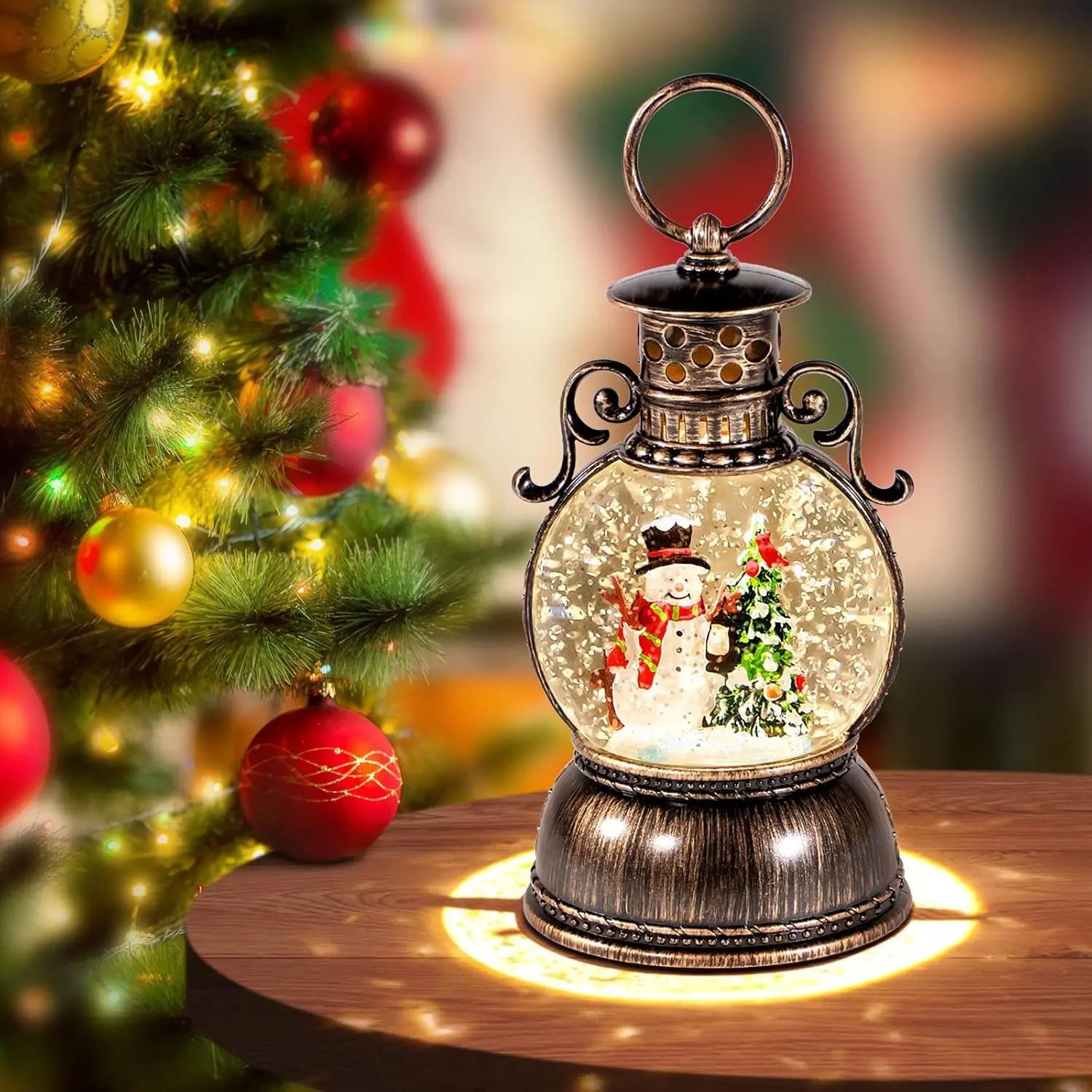 Vintage Christmas Lantern Snow Globe Lighted Musical Water Lantern with Swirling Glitter Snowman Scene, 8 Holiday Songs, 6H Timer, USB/Battery Operated Holiday Table Decor Gift