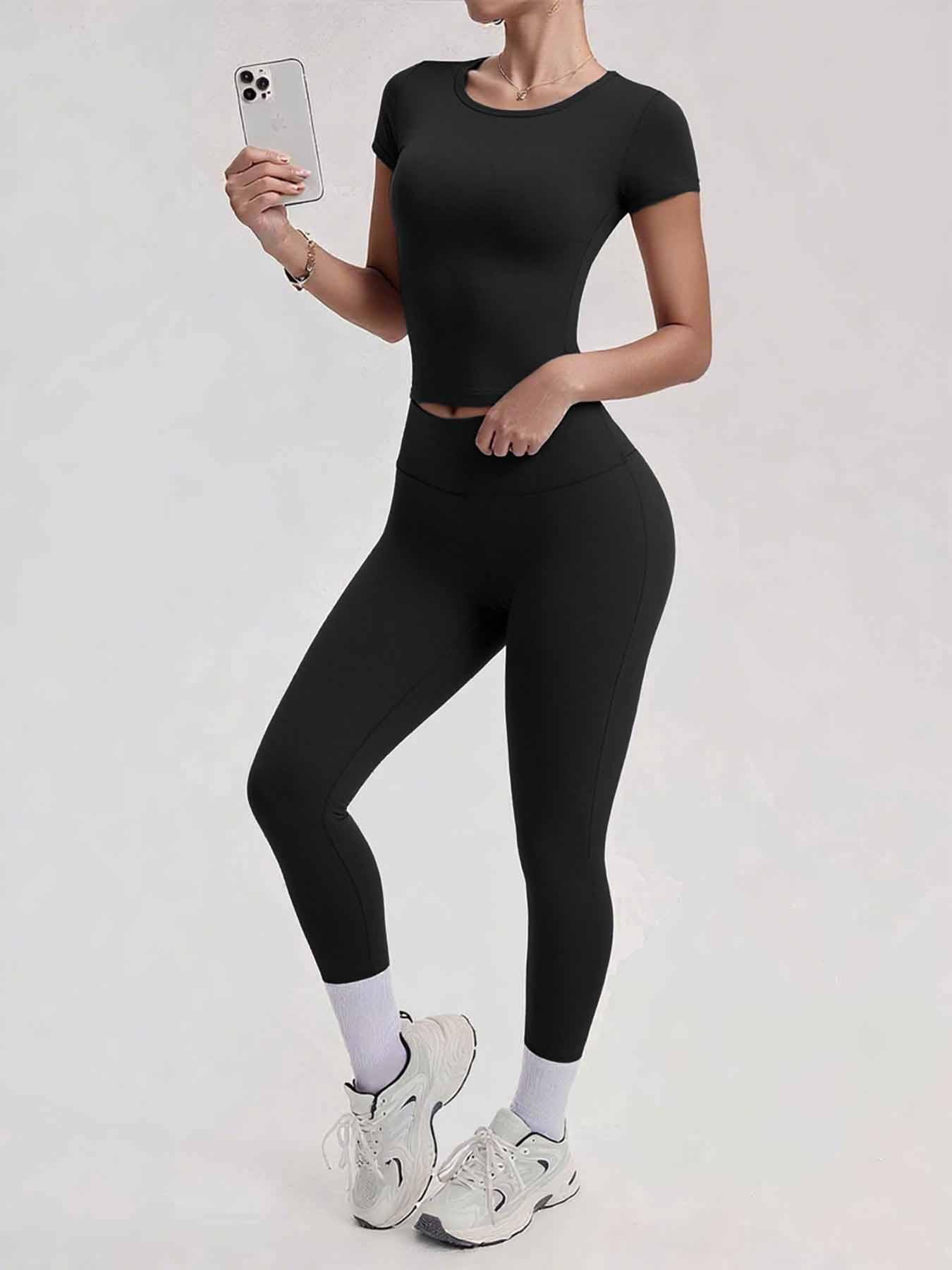 Athleisure wear set, 2-piece set - Solid color round-neck T-shirt short sleeves, Women's high-waisted lifting and tucking in tight-fitting sports pants, suitable for daily yoga and gym workouts