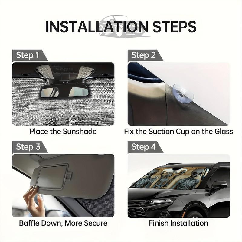 Funny Alien Crew Car Windshield Sunshade with 2 Suction Cups, Universal Fit Front Window Sun Shade, Blocks UV Rays & Keeps Car Cool, Novelty Auto Sun Protector