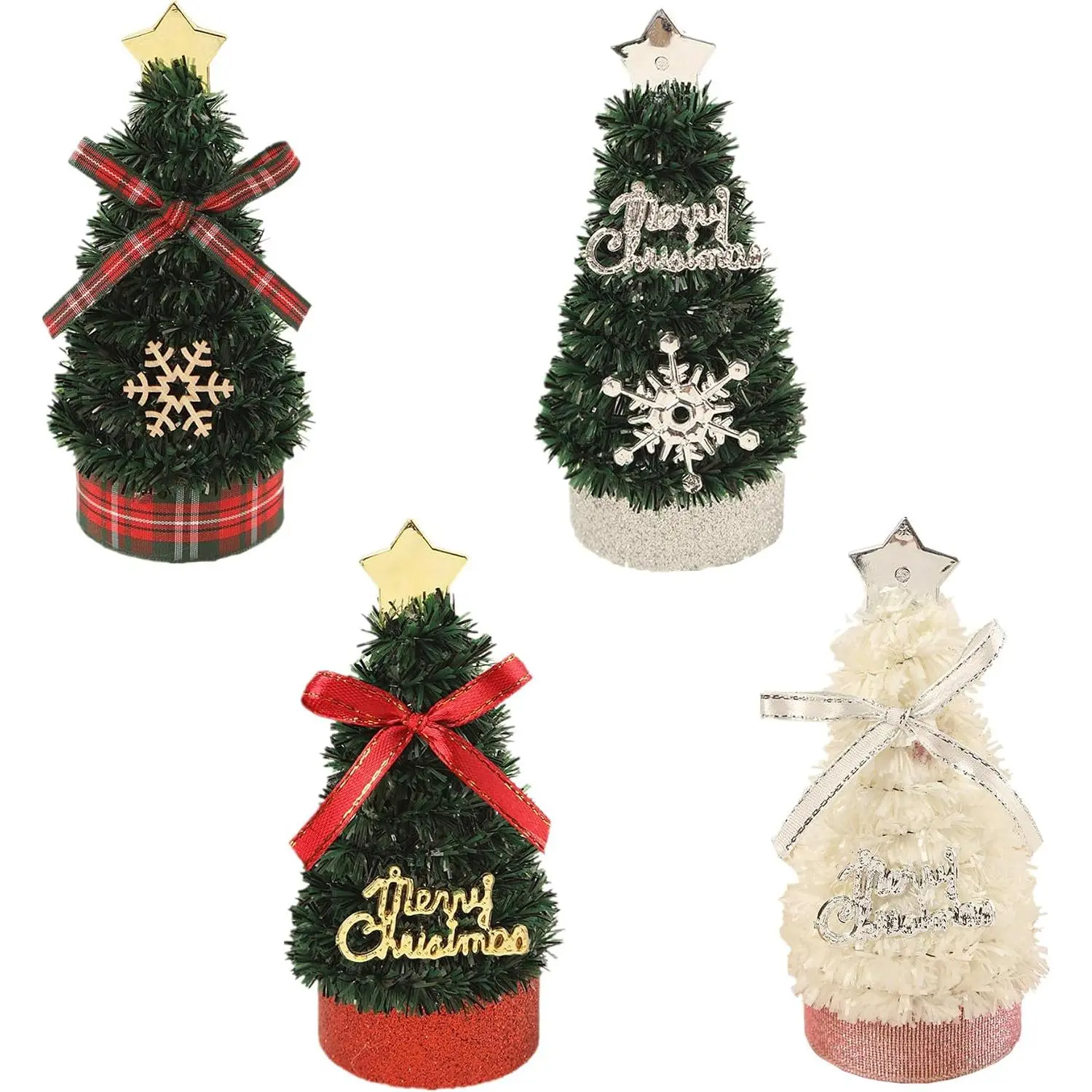 4 count Mini Christmas Tree, Tabletop Small Christmas Tree Decorations, Artificial Miniature Pine Desktop Xmas Trees with 4 Style for Christmas Winter Thanksgiving Decoration (4 PC Style A)