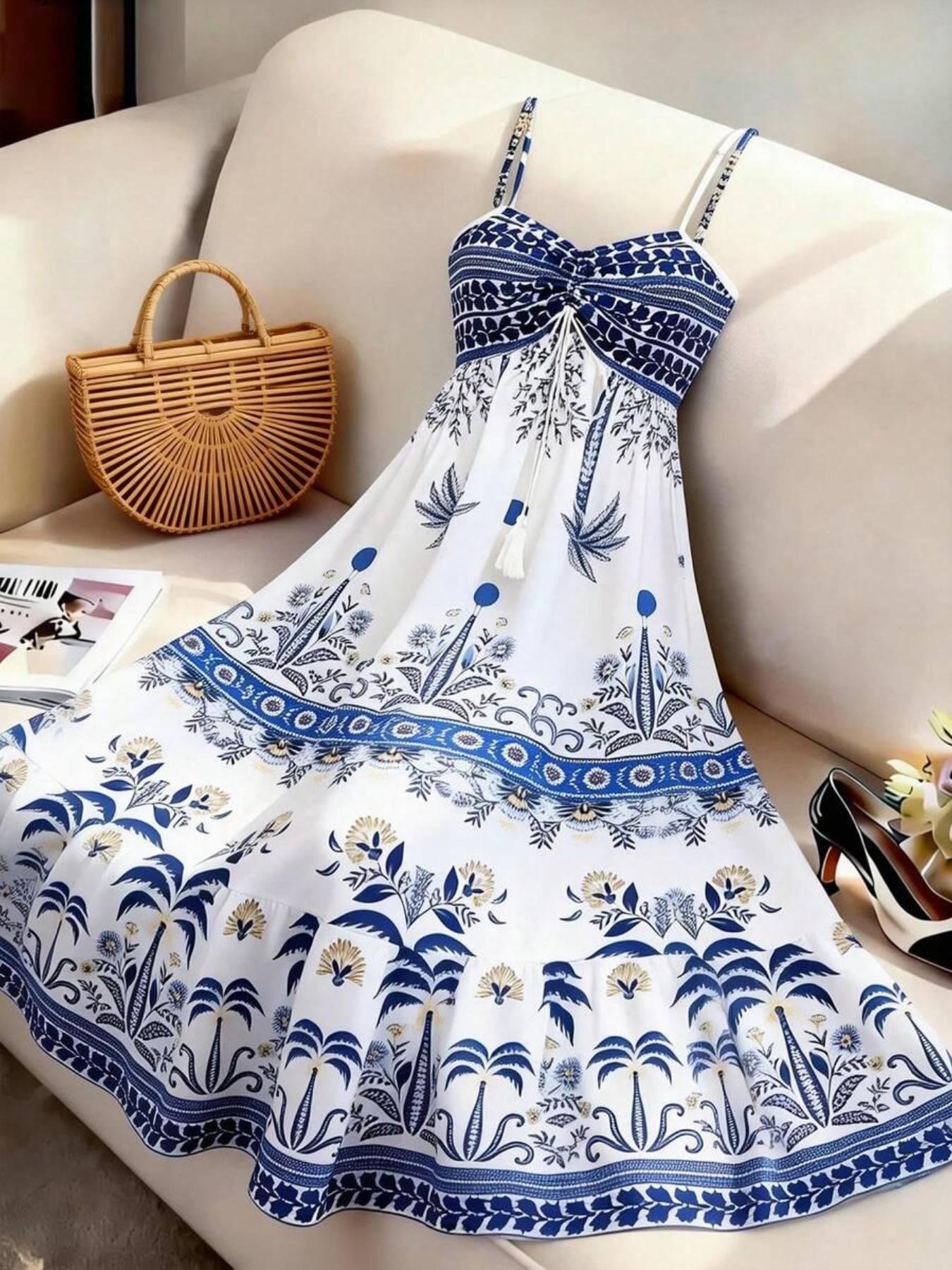 Women's Printed Thin Strap Tie Waist A-Line Dress, Elegant Casual Style, French Streetwear Vintage Look, New Summer Blue Sleeveless Long Dress, Dress For Summer