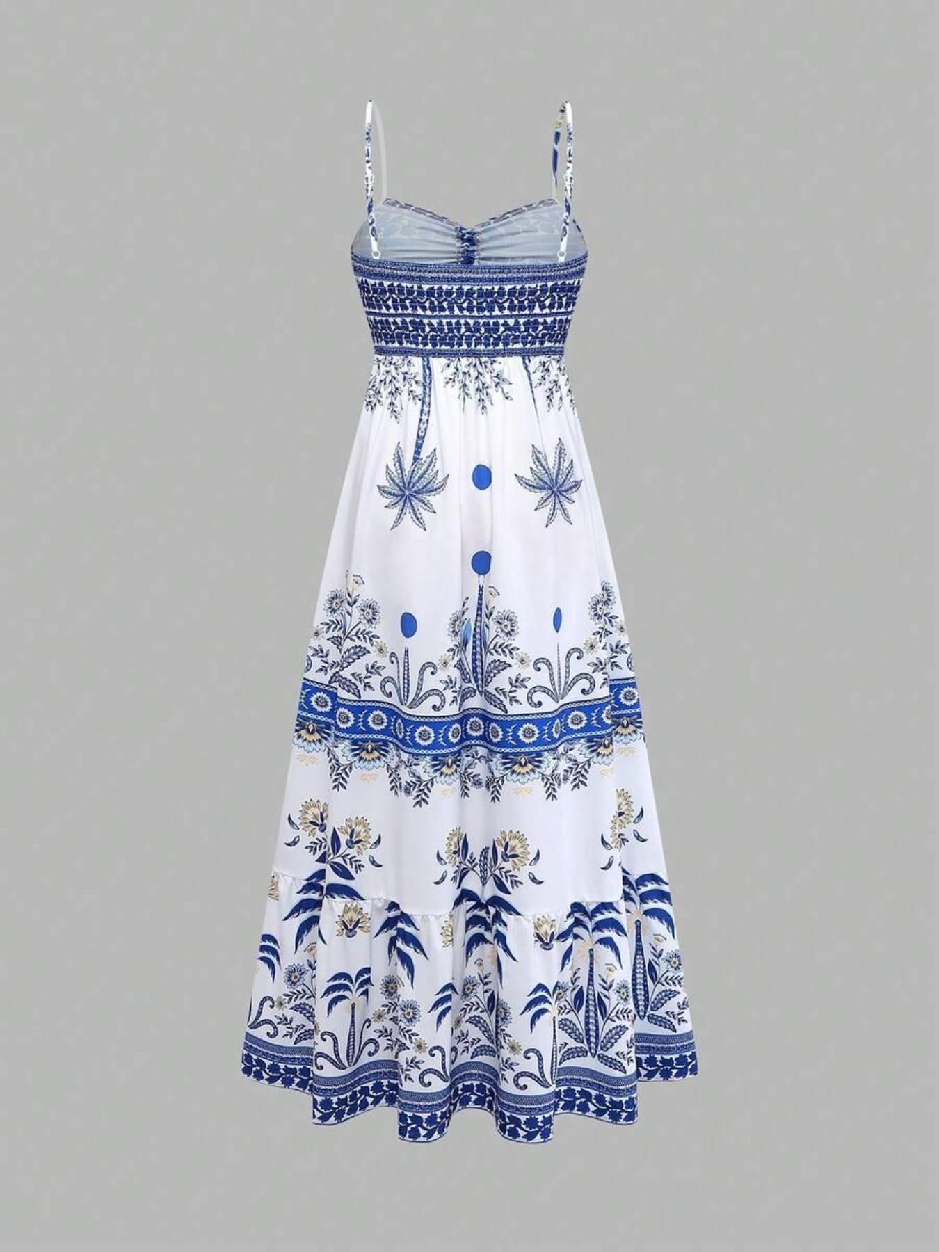 Women's Printed Thin Strap Tie Waist A-Line Dress, Elegant Casual Style, French Streetwear Vintage Look, New Summer Blue Sleeveless Long Dress, Dress For Summer