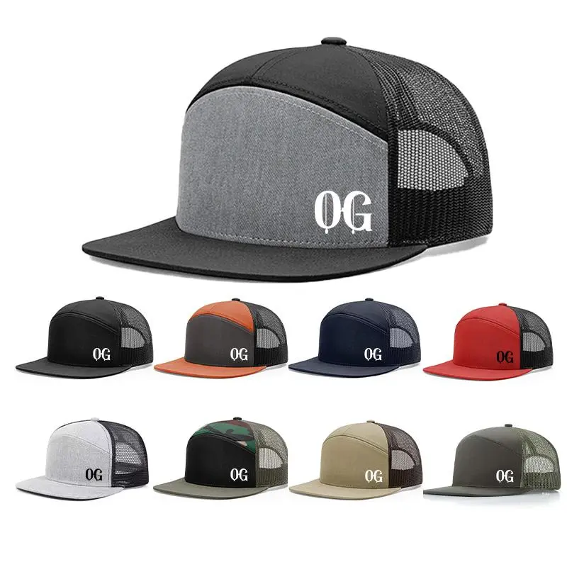 1PC OG Letter Printed Flat Bill Trucker Hat, 7 Panel Breathable Mesh Snapback Baseball Cap, Unisex Vintage OG Slogan Adjustable Outdoor Sun Hat for Fishing Camping Street Daily Wear