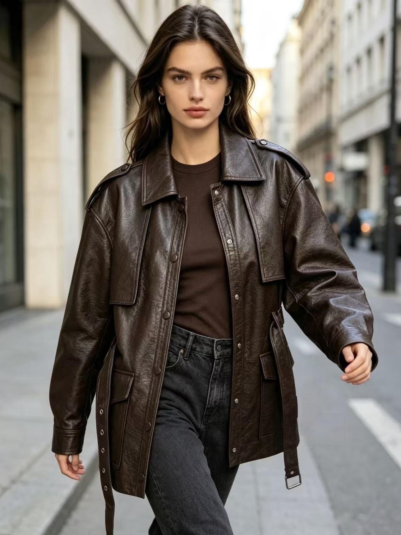 Vintage Style Women's Coat, Lapel Collar Shoulder Patch Design, Waist Belt, Multiple Pockets, Mid-Length, Commuter Jacket