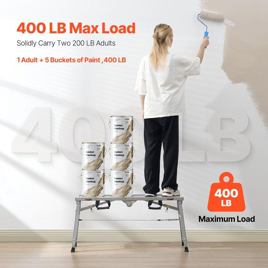 fathersdaygift VEVOR Work Platform, 3 Gear Adjustable Height, Folding Alloy Steel Step Ladder, Portable Scaffolding Platform, 400 lb Load Capacity, Non-Slip Rubber Feet, Drywall Painting Stool, for Cleaning Washing