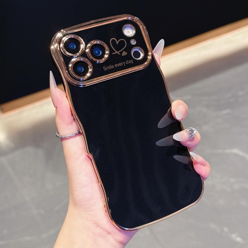 for iPhone 17 Pro Max 16 15 14 13 12 Case for Women Girls, Cute Wave Frame Curly Shape with Love Heart Pattern Raised Camera Protection Cover Luxury Plating Shockproof Phone Case