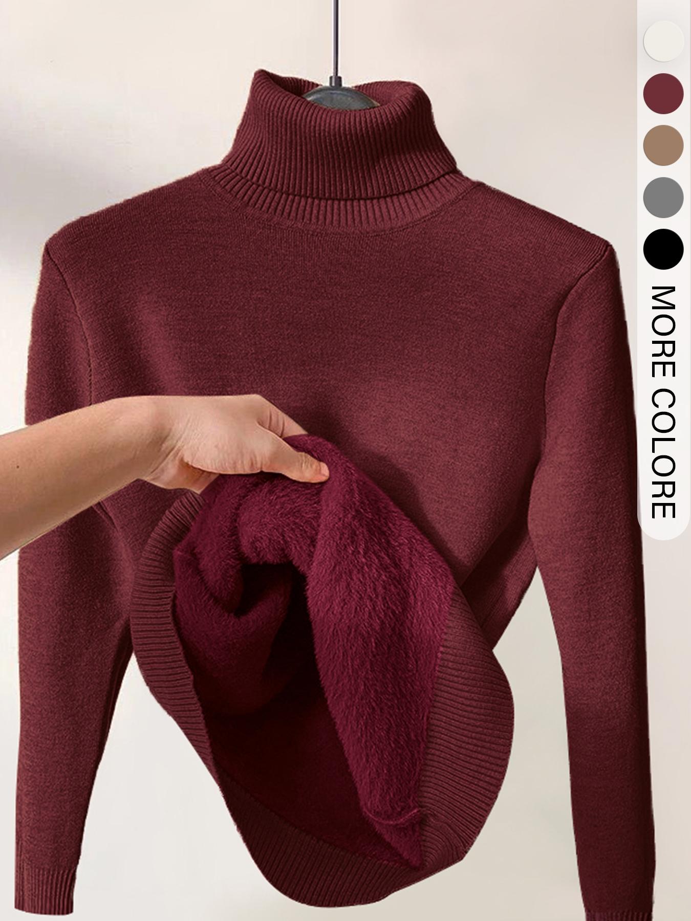 Women's Solid Thermal Lined Thick Drop Shoulder High Neck Turtleneck Sweater, Casual Solid Long Sleeve Jumper For Daily Outdoor Wear, Women Knit Top for Fall & Winter