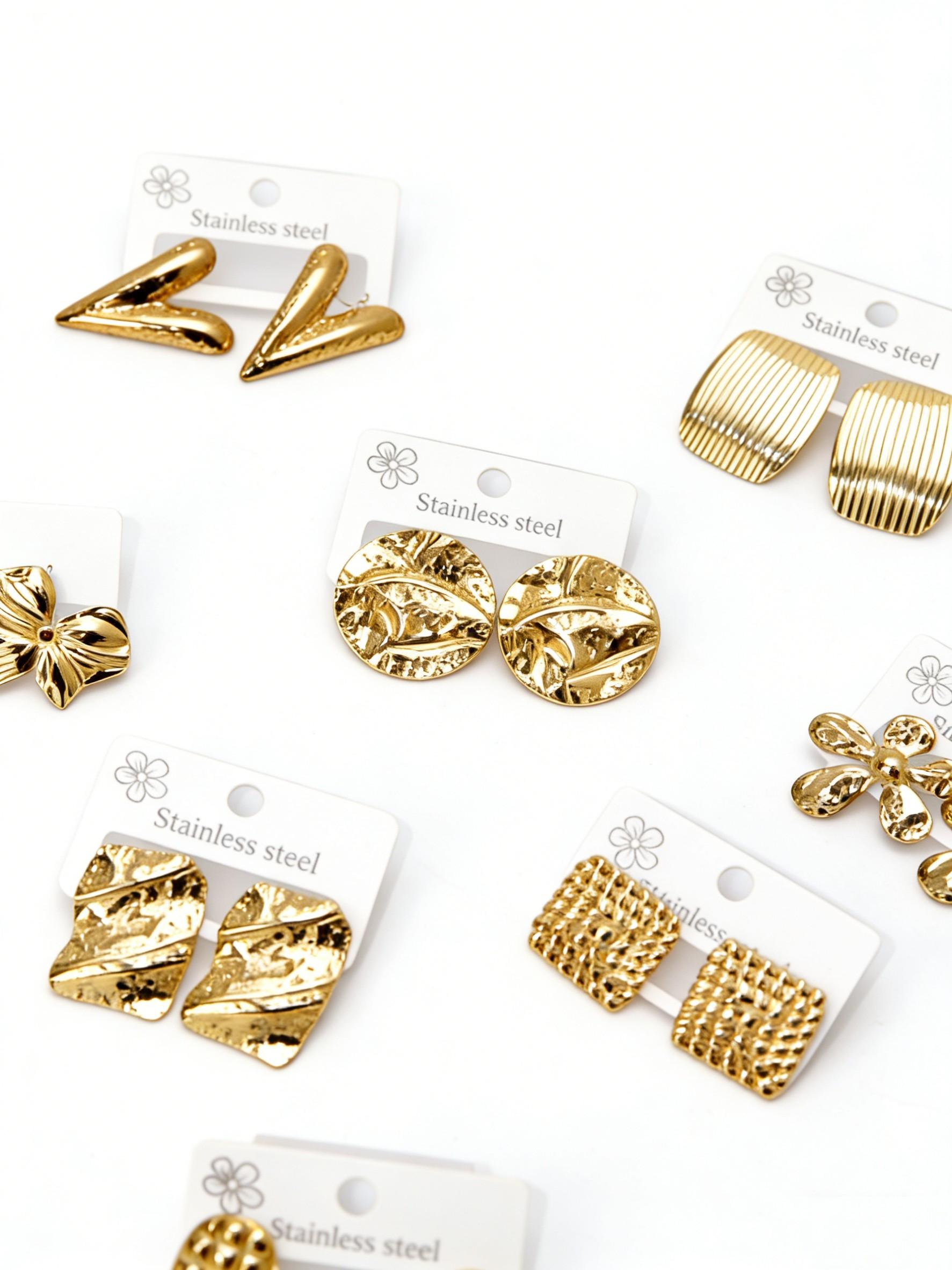 18K Gold Plated Stainless Steel Earrings for Women, Vintage Geometric Flower Heart Statement Studs, Hypoallergenic Non Tarnish Fashion Jewelry