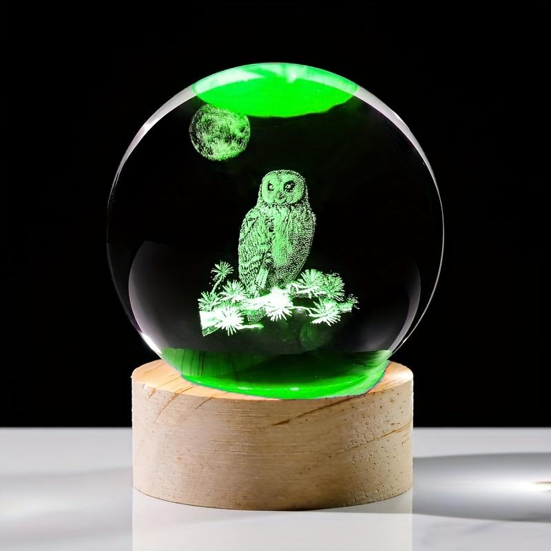1pc Modern Glass Owl 2.3 In Glass Ball with Wood Base - USB-Powered Decorative Ambiance Lighting, Freestanding Tabletop Statue, Adjustable Toggle Control, Polished Finish, for Bedroom, Ideal Mother's Day Gift