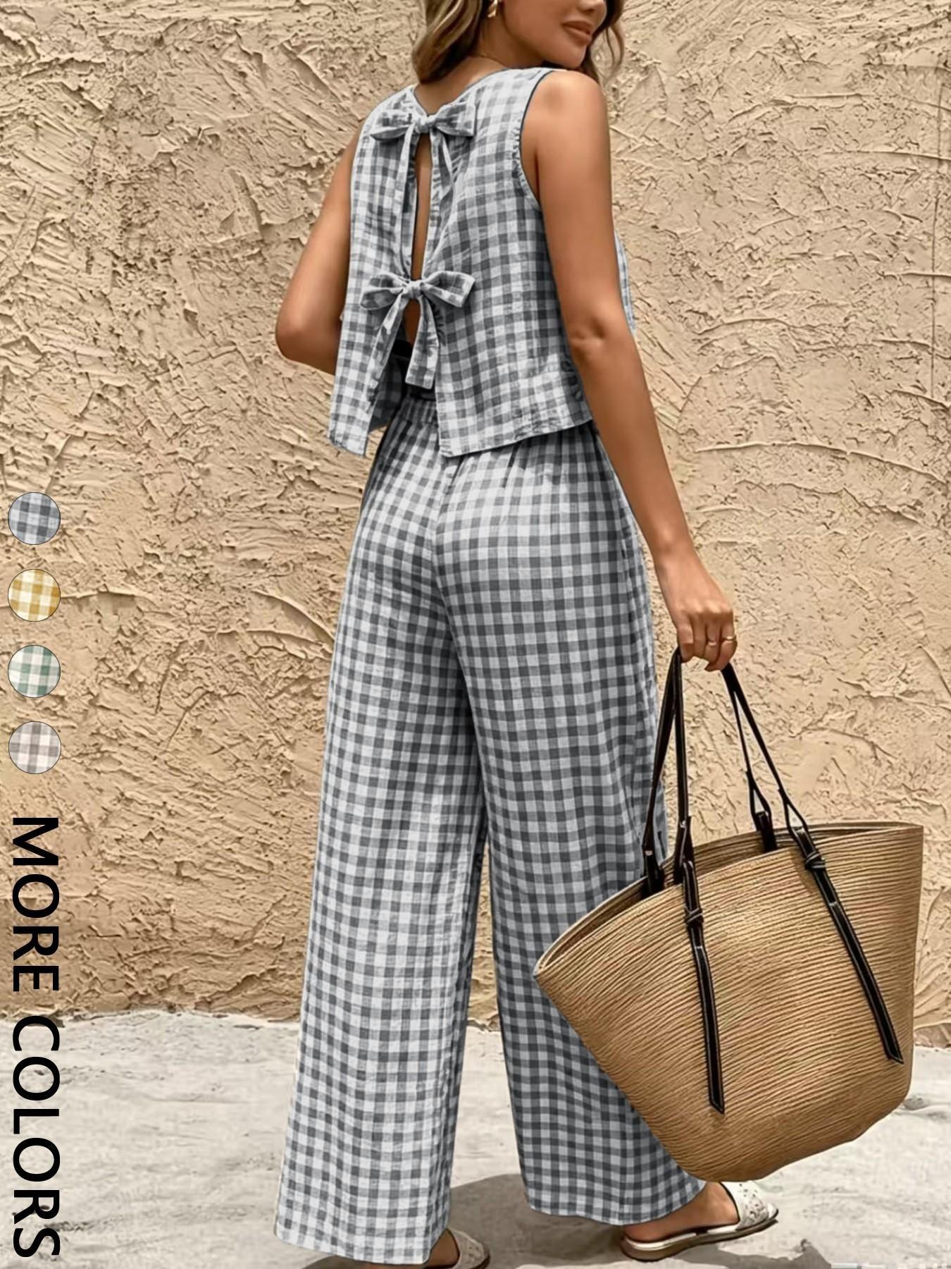 Women's 2-Piece Vintage Plaid Set, Casual Tank Top and Wide-Leg Pants, Summer Comfortable Matching Outfit