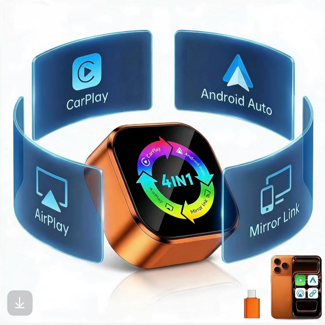 2026 New 4-in-1 CarPlay Wireless Adapter - iPhone/Android Compatible | Fast Connection, Hands-Free Calling, AirPlay, Mirror Link, Netflix, Youtube type-c adapter Bluetooth 5.0 fast transmission, ultra-HD stereo sound