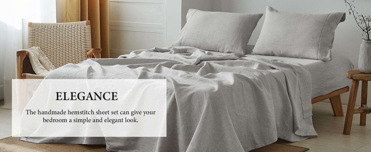 Simple&Opulence 100% French Linen Sheet Set Handmade Hemstitch-Natural Flax Farmhouse Bed Sheets( Flat Sheet, Fitted Sheet, Pillowcase)-Solid Color Soft Breathable Bedding