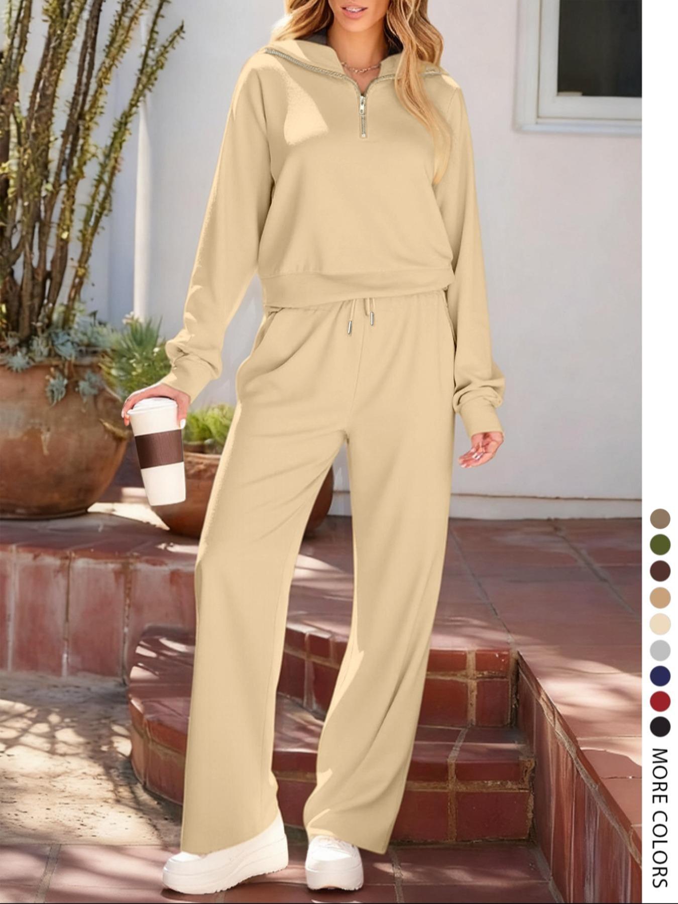 Pure Color Half-Zip Shoulder Pad Sporty Top Long Pants Set, Casual Loose-Fitting Short Upper Long Lower, Perfect for Spring Summer, Sporty Style Clothes, Athleisure Wear Set, Sweatsuit Set