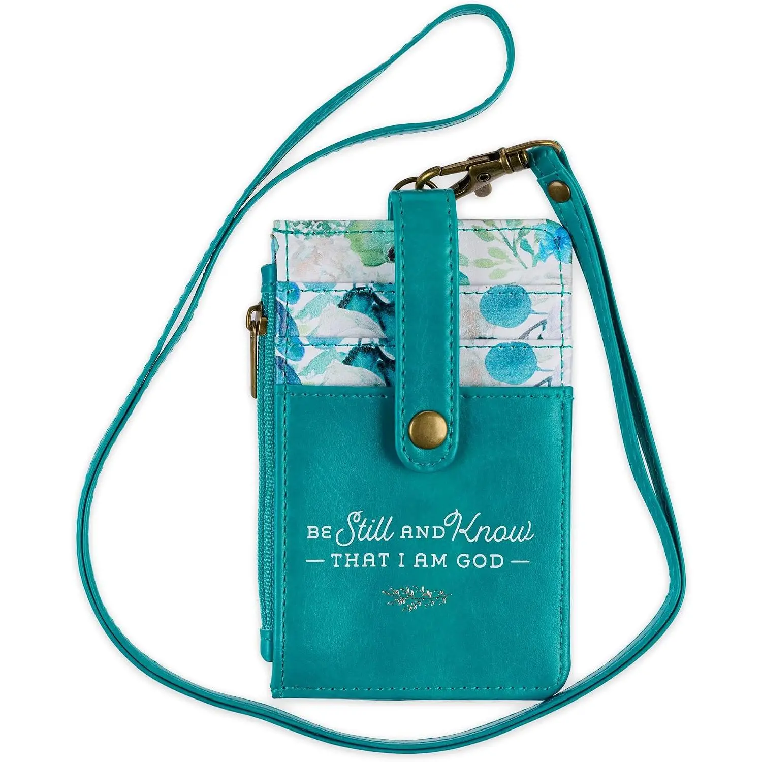 Women's Slim Vegan Leather ID Badge Card Holder - Psalm 46:10 Inspirational Text, 3.1"x4.8", Detachable Strap Lanyard, Purse Pocket, Floral Teal, for Students/Staff (Office Identification Supplies)