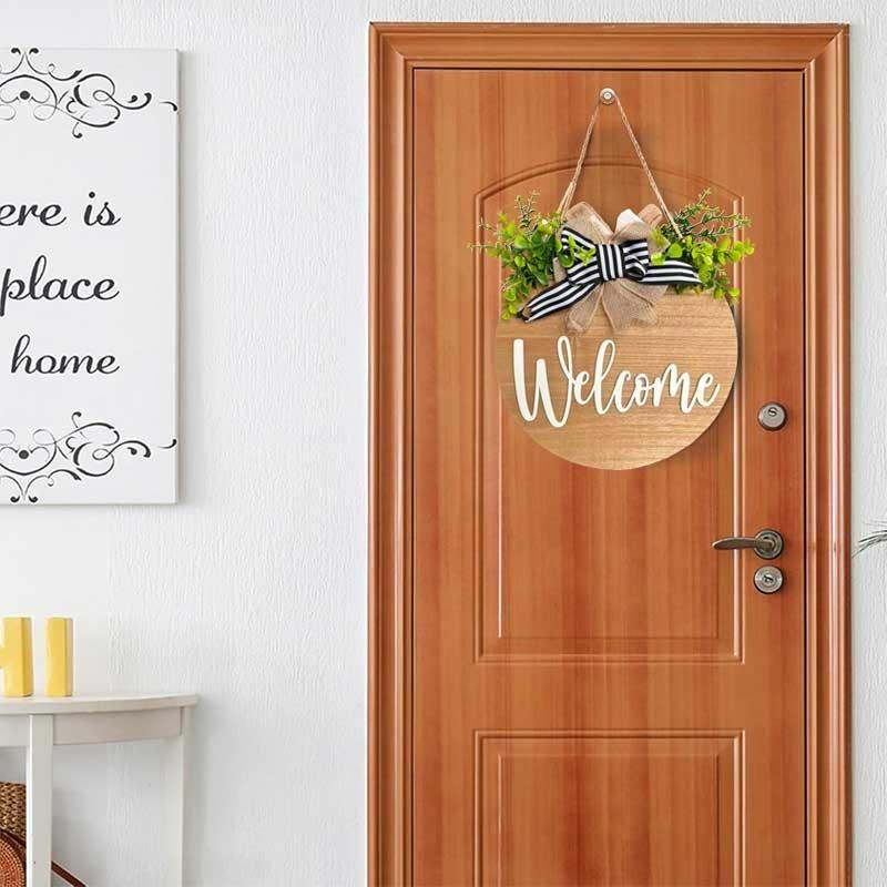 12-Inch 3D Front Door Welcome Sign, Farmhouse Style Porch Decor, Nail Rustic Wreath, Round Wooden Hanging Ornament, Moving Gift