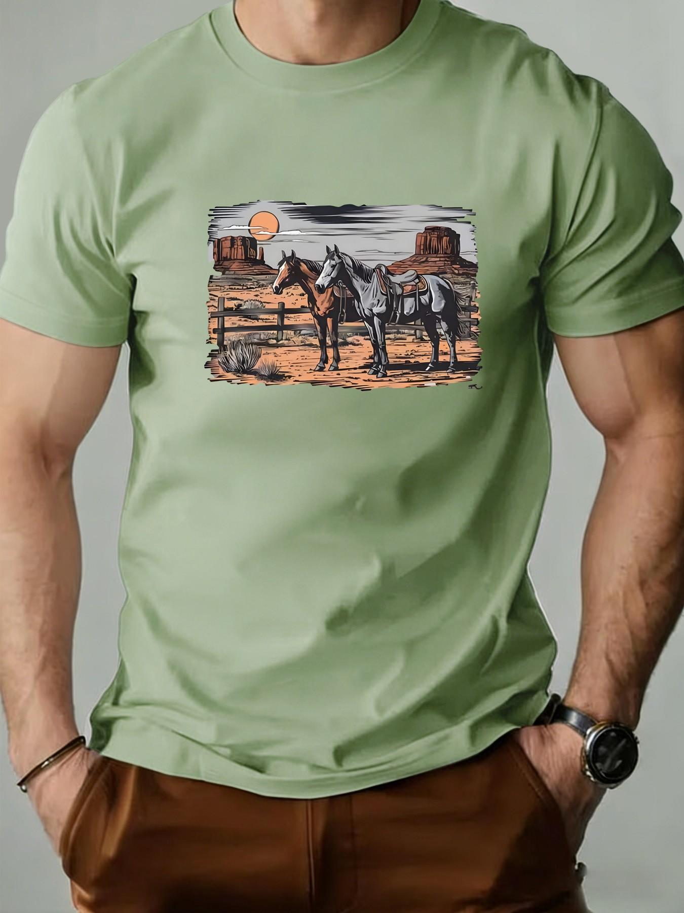 Men's Round Neck T-Shirt, Retro Western Desert Animal Geometric Print, Slim-Fit Casual Short Sleeve, Perfect for Daily Wear and Gifts