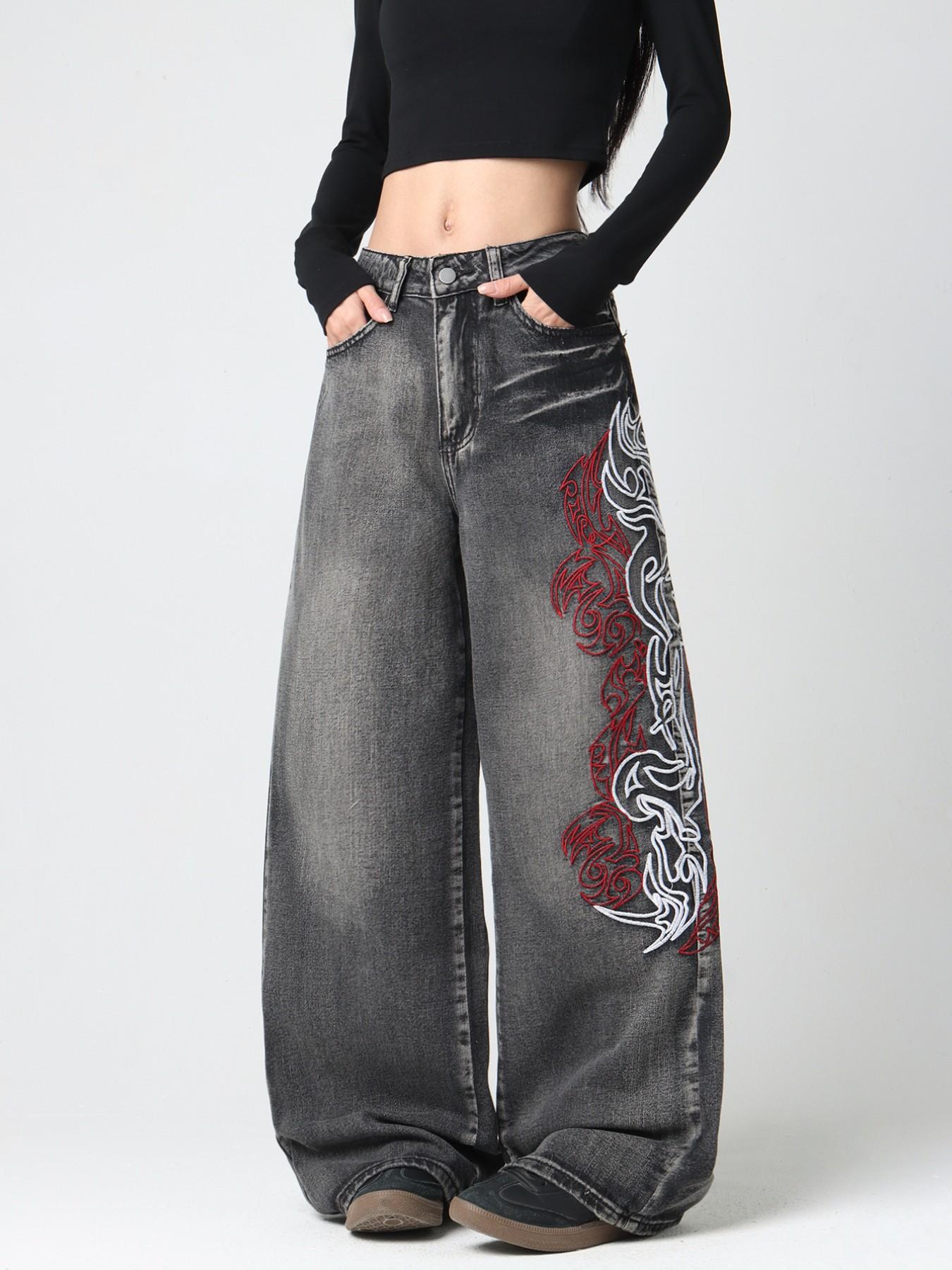 Women's Totem Embroidered Jeans, American Street Style, Comfortable Loose Fit, Trendy Wide Leg Pants, Fashionable All-Season, Casual Comfy Denim, Embroidered Denim Pants, Denim Clothing
