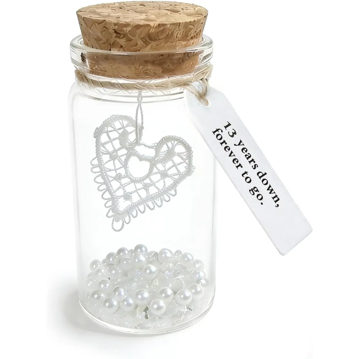 13th Wedding Anniversary Lace , Lace Heart in Small Glass  Bottle, with Message Tag “13  Down, Forever to Go”, for Husband Wife Him or Her