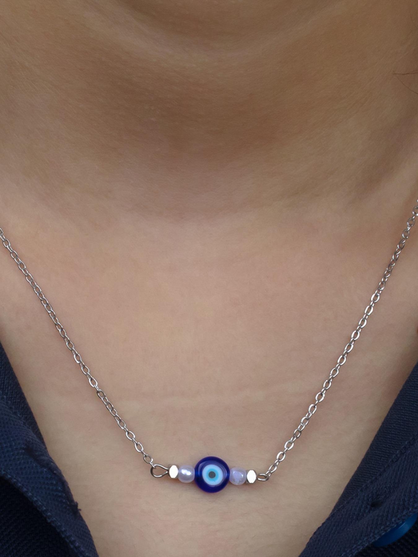 Stainless Steel Devil Eye Jewelry Set, Summer Simple Pearl Glass Eyes Necklace Bracelet, Elegant Fashion Accessory