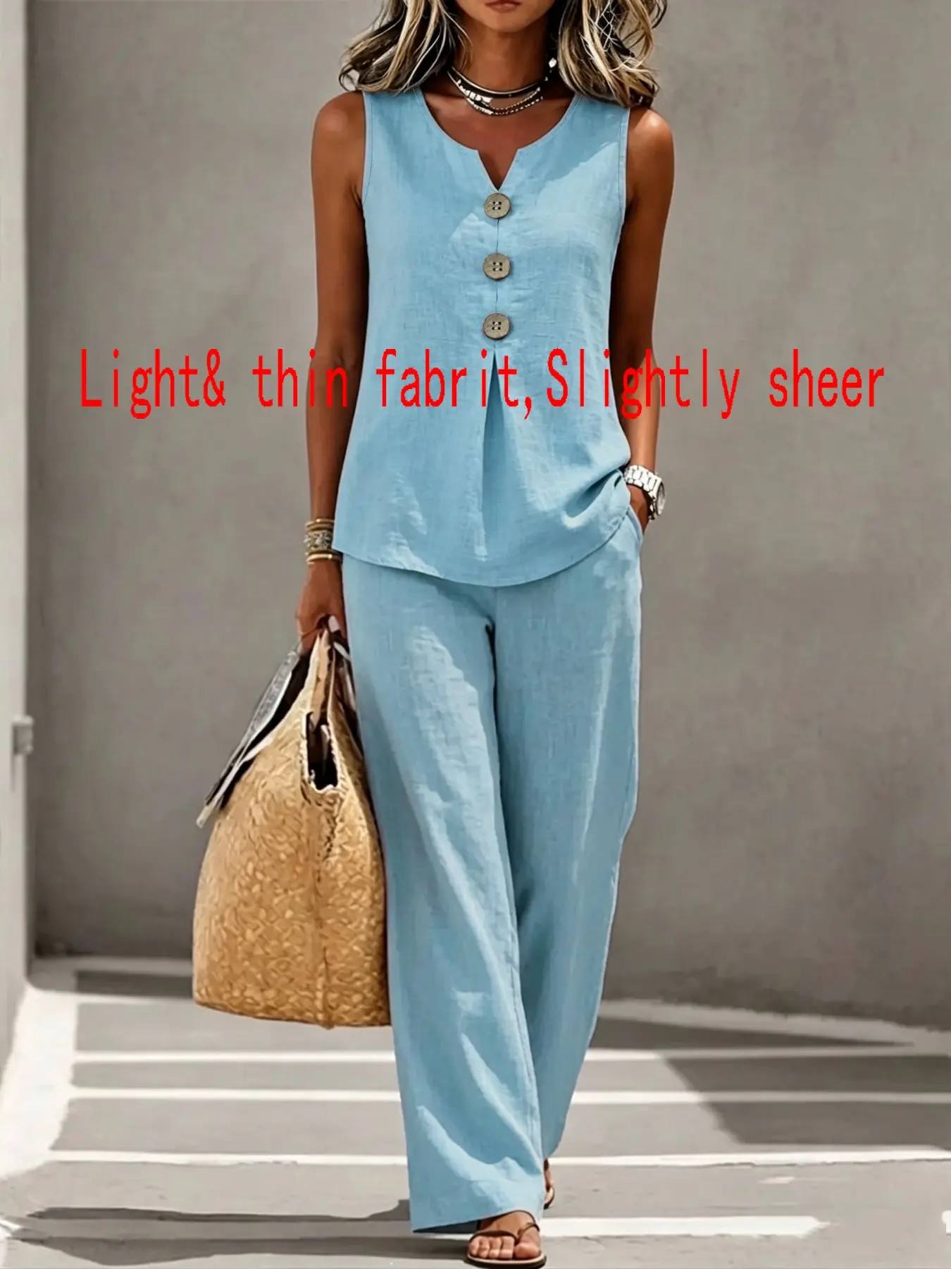 Women's V-Neck Sleeveless 3-Button Tank Top and Loose-Fit Pants 2-Piece Set, Casual Comfortable