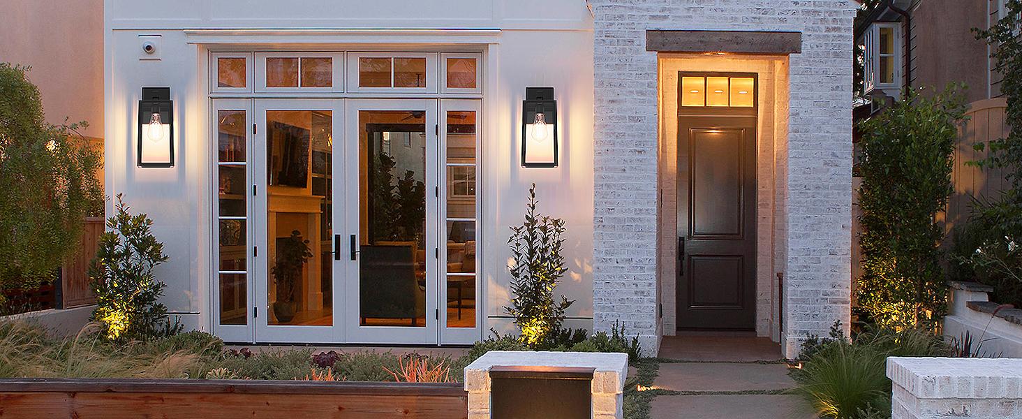 Outdoor Wall Sconce, Exterior Waterproof Wall Lantern Light Fixtures, Black Porch Lights with Toughened Glass Shade, Anti-Rust E26 Socket Front Door Mount Lighting, 2 Pack