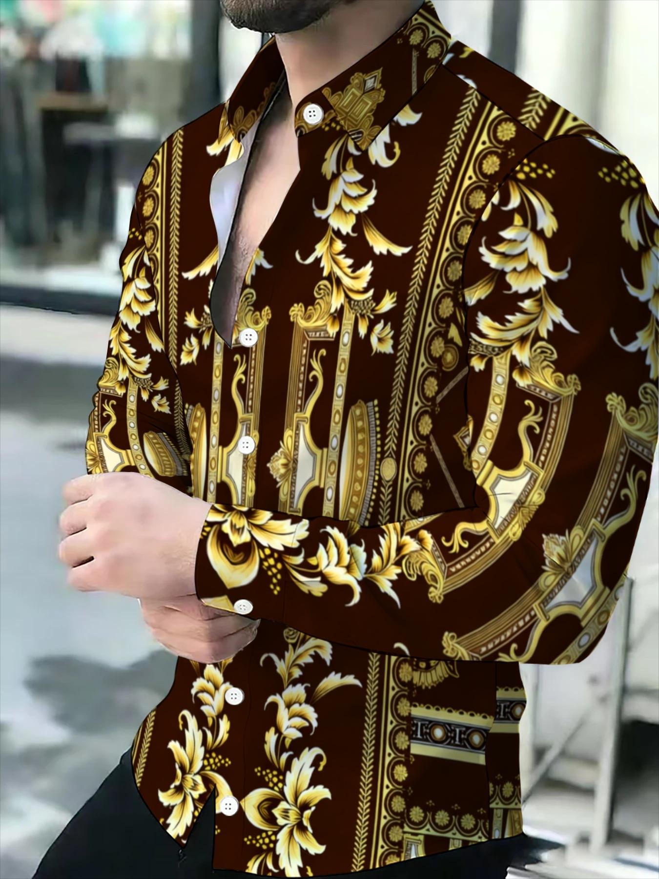 Men's Long Sleeve Shirt dark brown golden baroque print Novelty Pattern